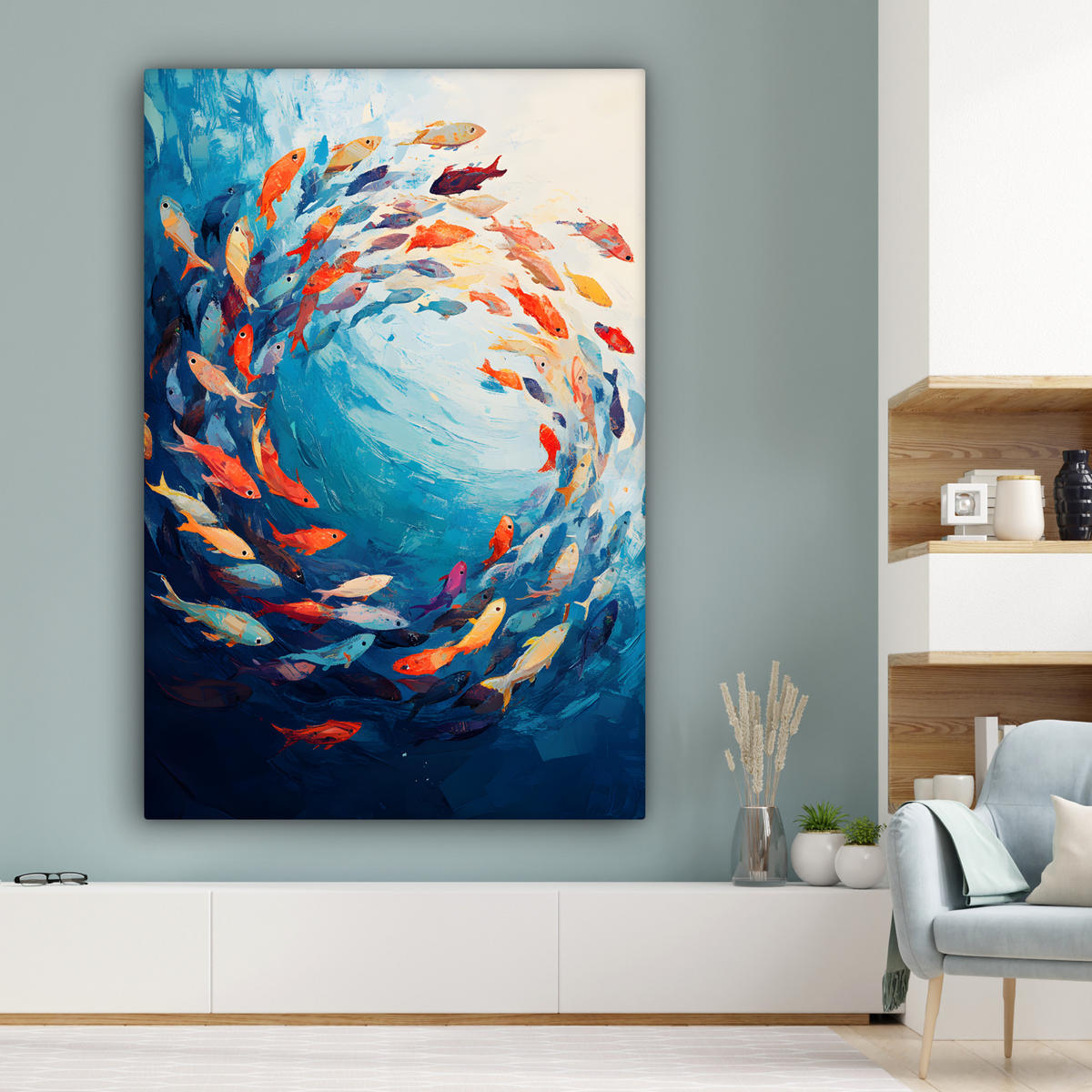 LEINWANDBILD Meer - Fische - Bunt - Dynamisch 90x140 cm - Hellblau, Textil (90/140cm) - MuchoWow