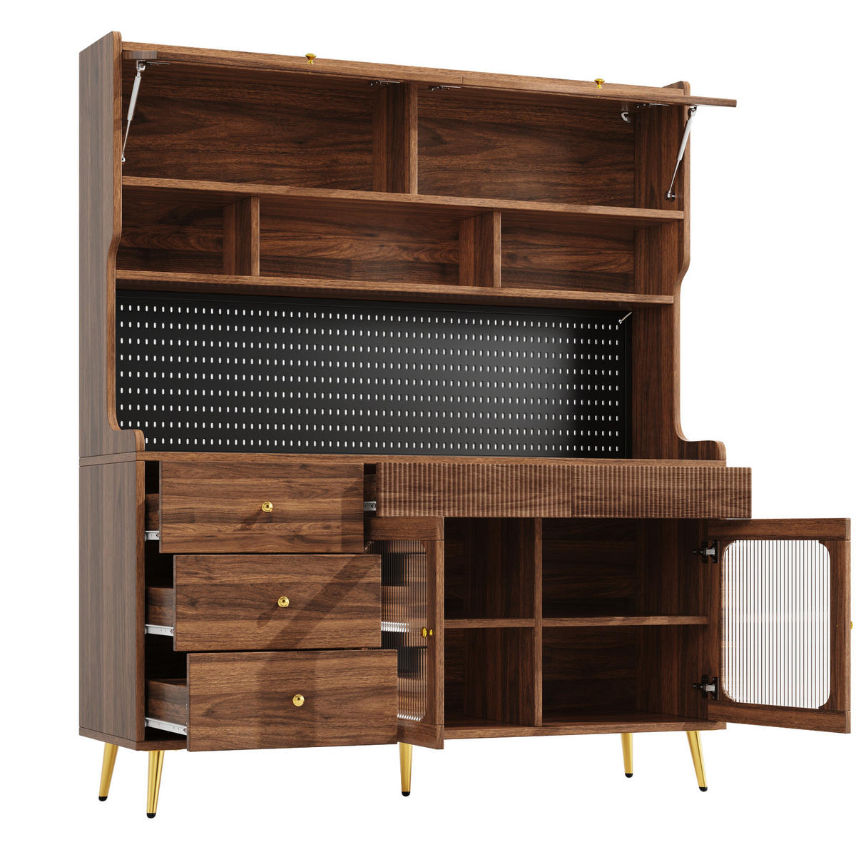 BUFFET 145/39/171 cm walnuss aus MDF und Glas mit LED - Walnussfarben, Holzwerkstoff (145/171/39cm) - OKWISH