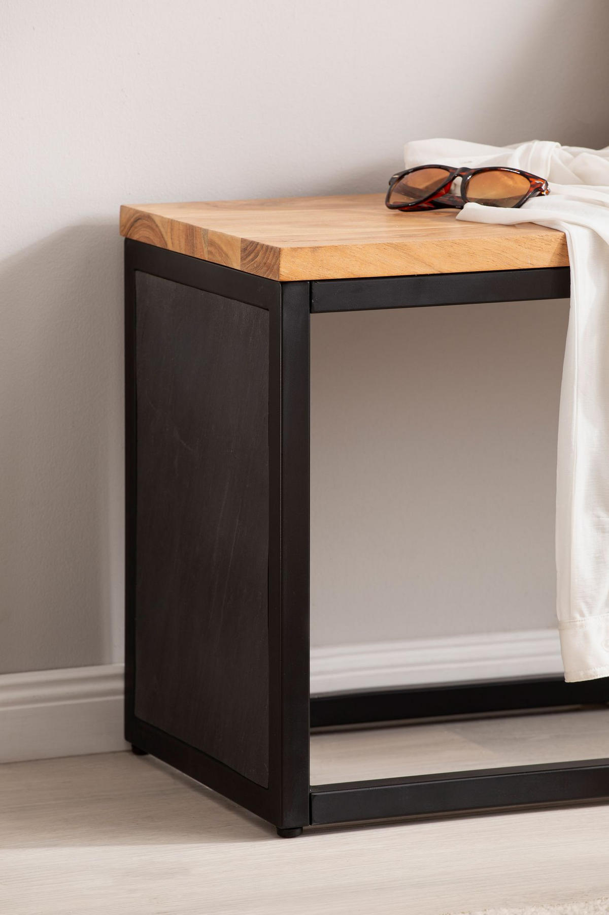 SITZBANK – Akazie Massivholz/Steinoptik, 120x45x35 cm, Metallgestell - Schwarz/Braun, Holz/Metall (120/45/35cm) - KADIMA DESIGN