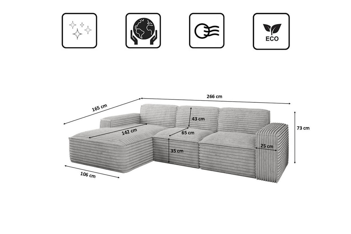 ECKSOFA L-Form Siena Stoff Velo Hellgrau Links - Hellgrau, Holz/Kunststoff (165/266cm) - Kaiser Möbel