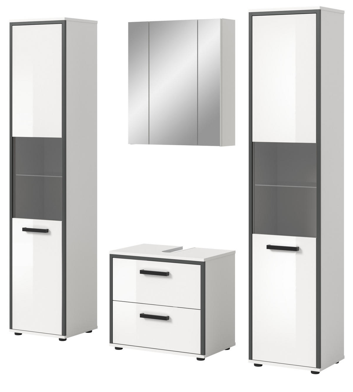 BADMÖBEL-SET 4-teilig Set weiß Hochglanz, grau, Badezimmermöbel mit viel Stauraum - Weiß Hochglanz/Schwarz, Glas/Holzwerkstoff (170/188/37.5cm) - Inn.Furn