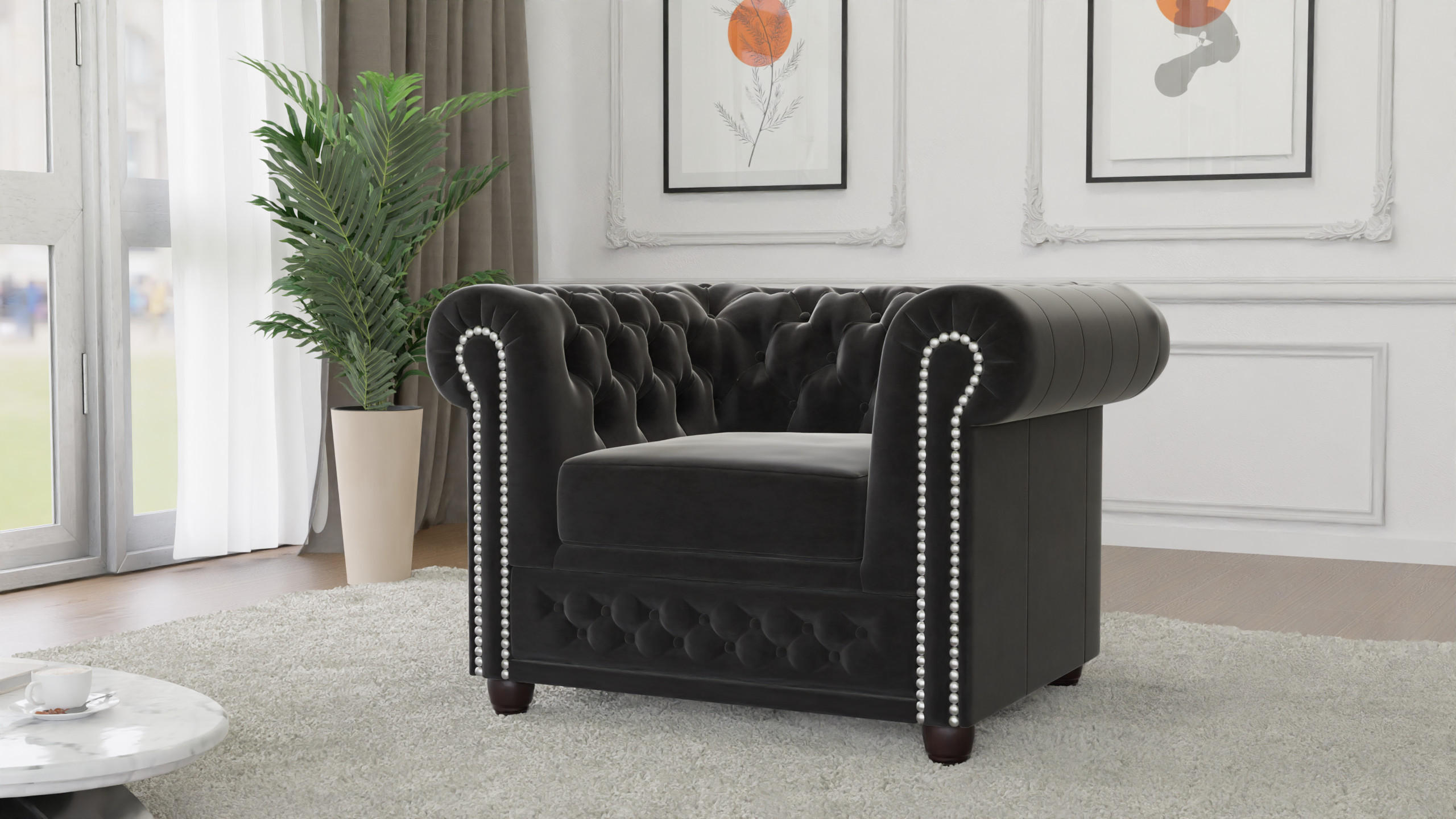 CHESTERFIELD-SESSEL Nyx Schwarz Samt - Schwarz/Braun, Holz/Textil (94/72/86cm) - S-Style Möbel