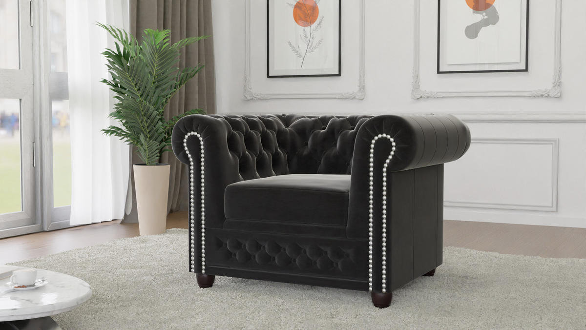 SITZGARNITUR 3+2+1 Chesterfield Nyx Schwarz Samt - Schwarz/Braun, Holz/Textil (203/72/86cm) - S-Style Möbel