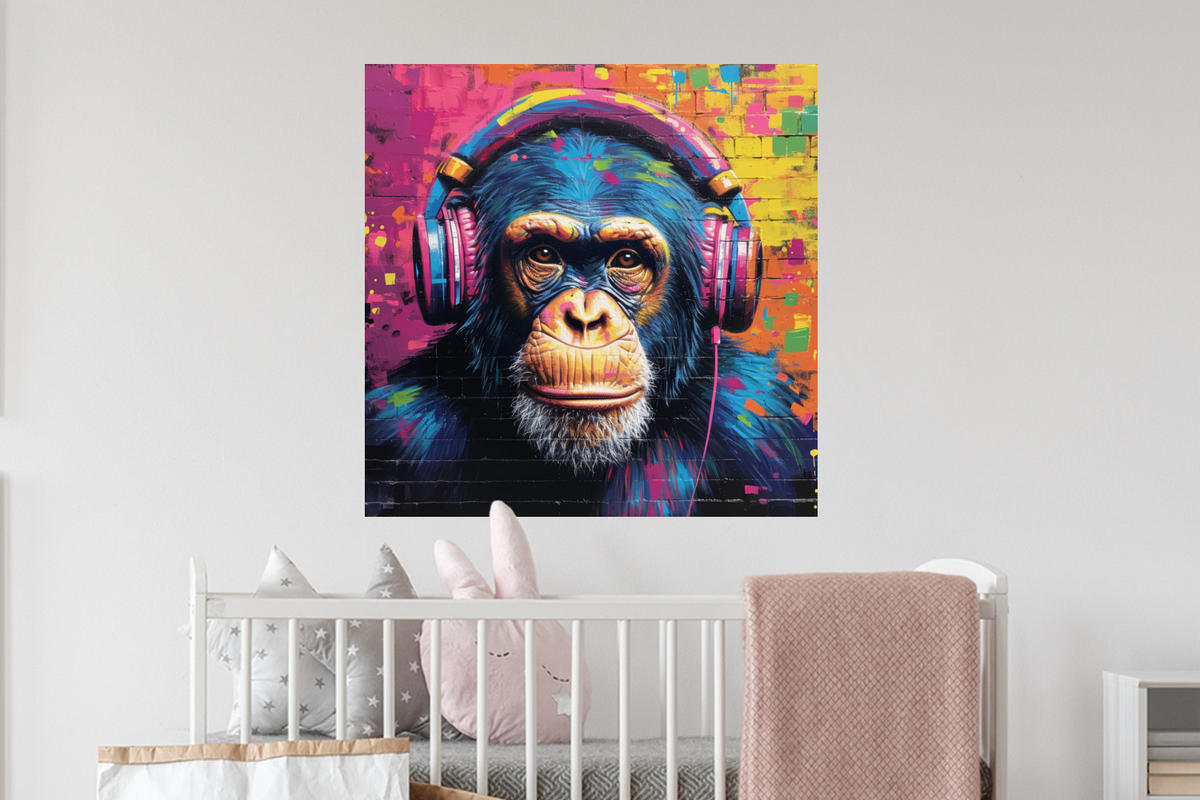 WANDTATTOO Graffiti - Schimpanse - Straßenkunst - Kopfhörer - Affe 50x50 cm - Blau, Kunststoff (50/50/0.1cm) - MuchoWow
