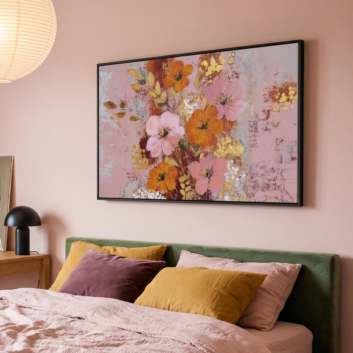 LEINWAND Bilder mit Rahmen - Malerei - Blumen - Rustikal - Rosa - 120x80 - Altrosa, Textil (120/80cm) - MuchoWow