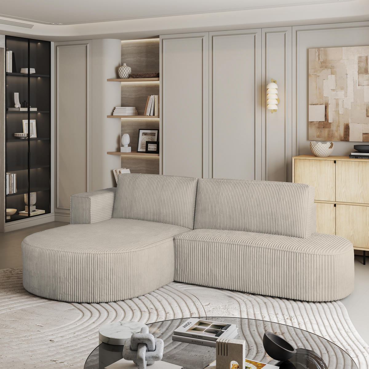 ECKSOFA CORTIO P L-S Creme Kordstoff mit Schlaffunktion - Creme, Holz (265/174cm) - MASSENO