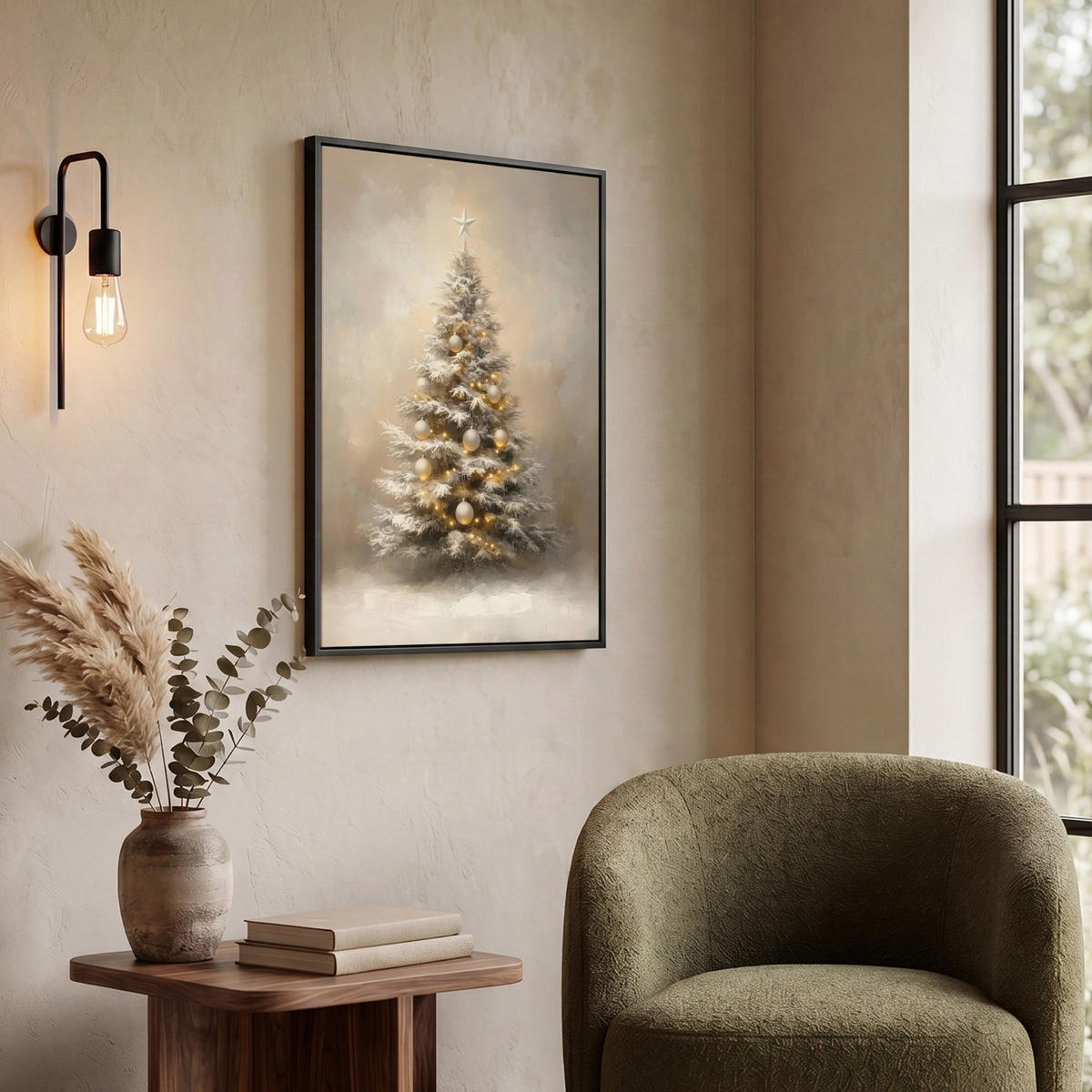 LEINWAND Bilder mit Rahmen - Weihnachten - Weihnachtsbaum - Schnee - Kunst - 50x70 - Champagner, Textil (50/70cm) - MuchoWow