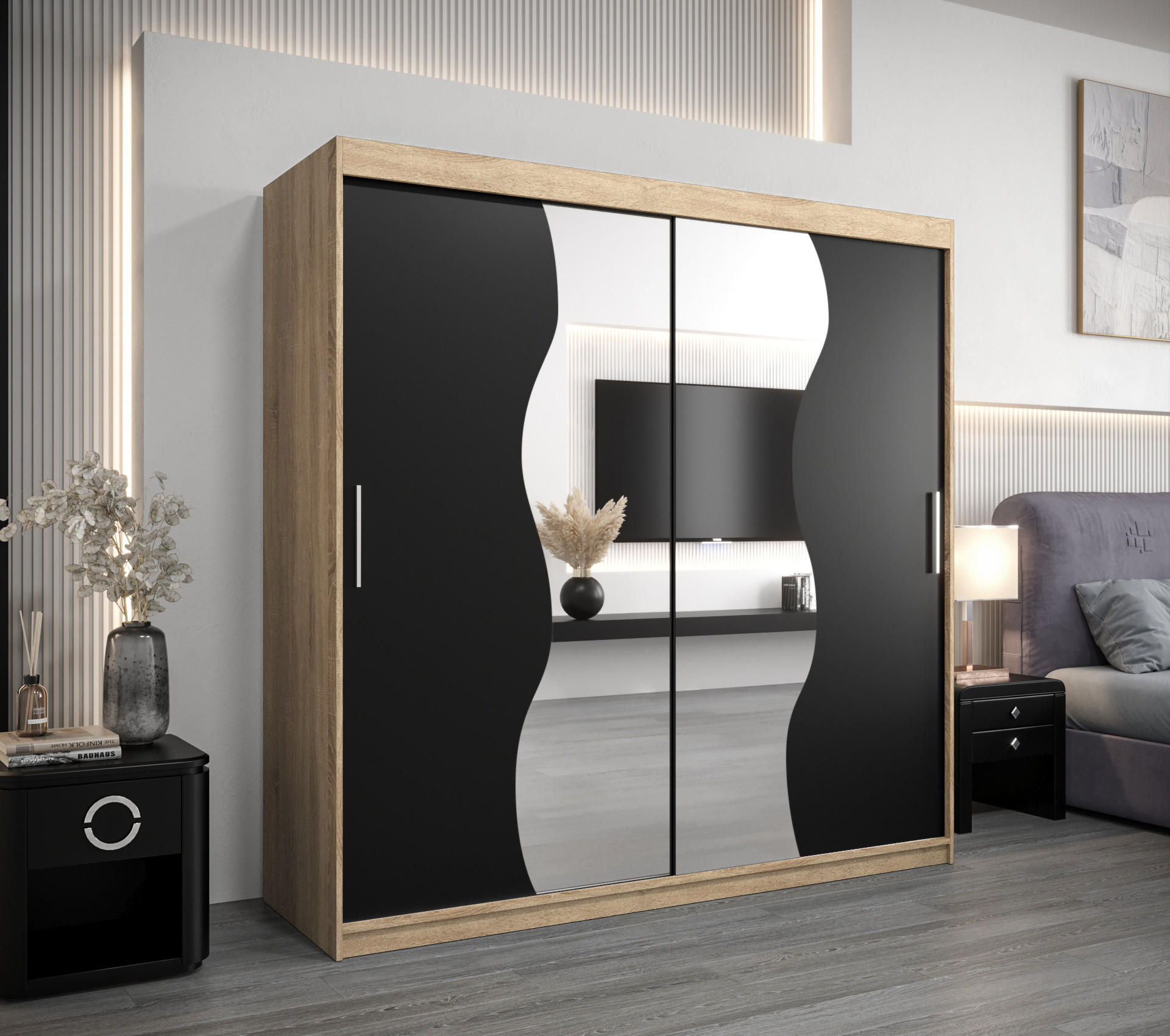 SCHWEBETÜRENSCHRANK 200/200/62 2-türig - Silberfarben/Schwarz, Holz/Kunststoff (200/200/62cm) - Abiks Möbel