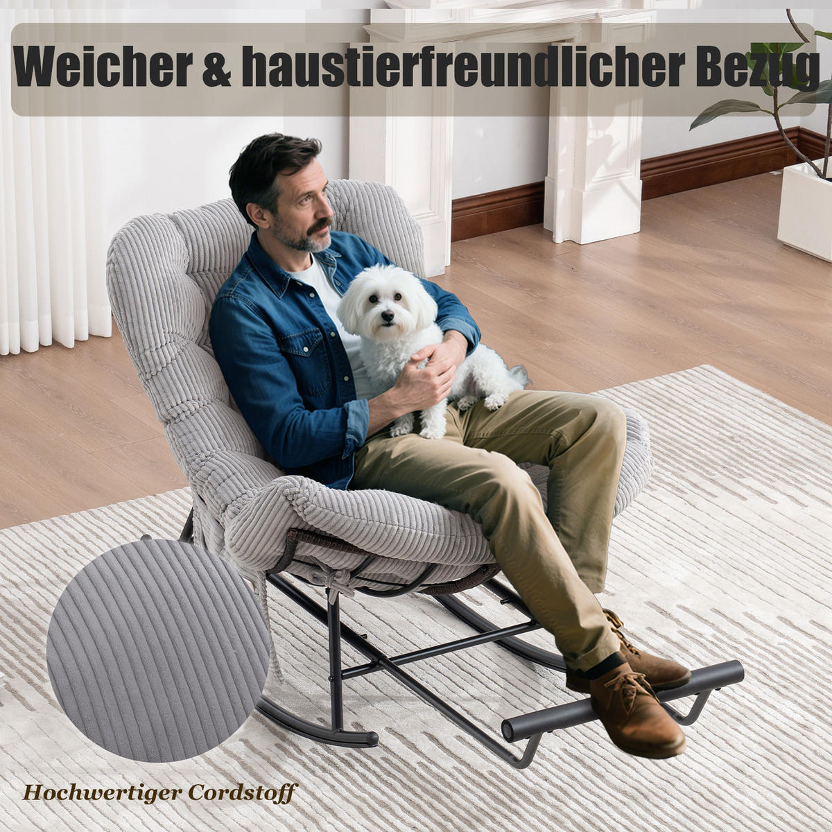SCHAUKELSTUHL mit Fußstütze,Schaukelsessel XXL Rattanstuhl mit Kissen, Cord, Hellgrau - Hellgrau, Textil (90/78/150cm) - LVHOM