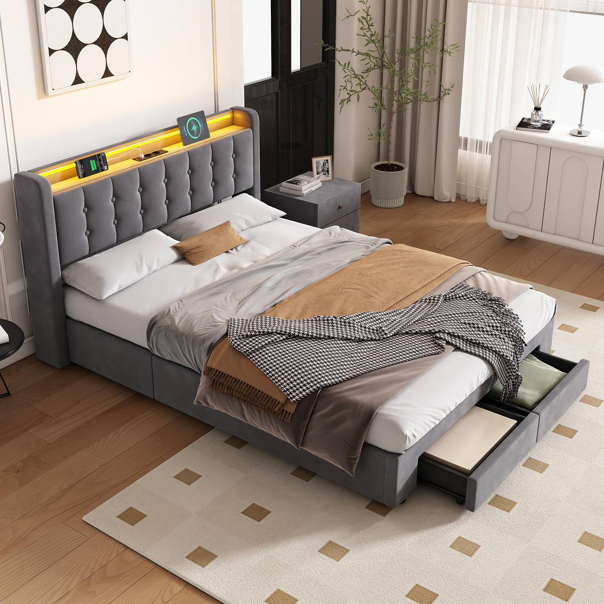 POLSTERBETT 140/200 cm Grau mit LED-Lichtleiste und USB-Anschlüssen - Grau, Holzwerkstoff (140/200cm) - OKWISH