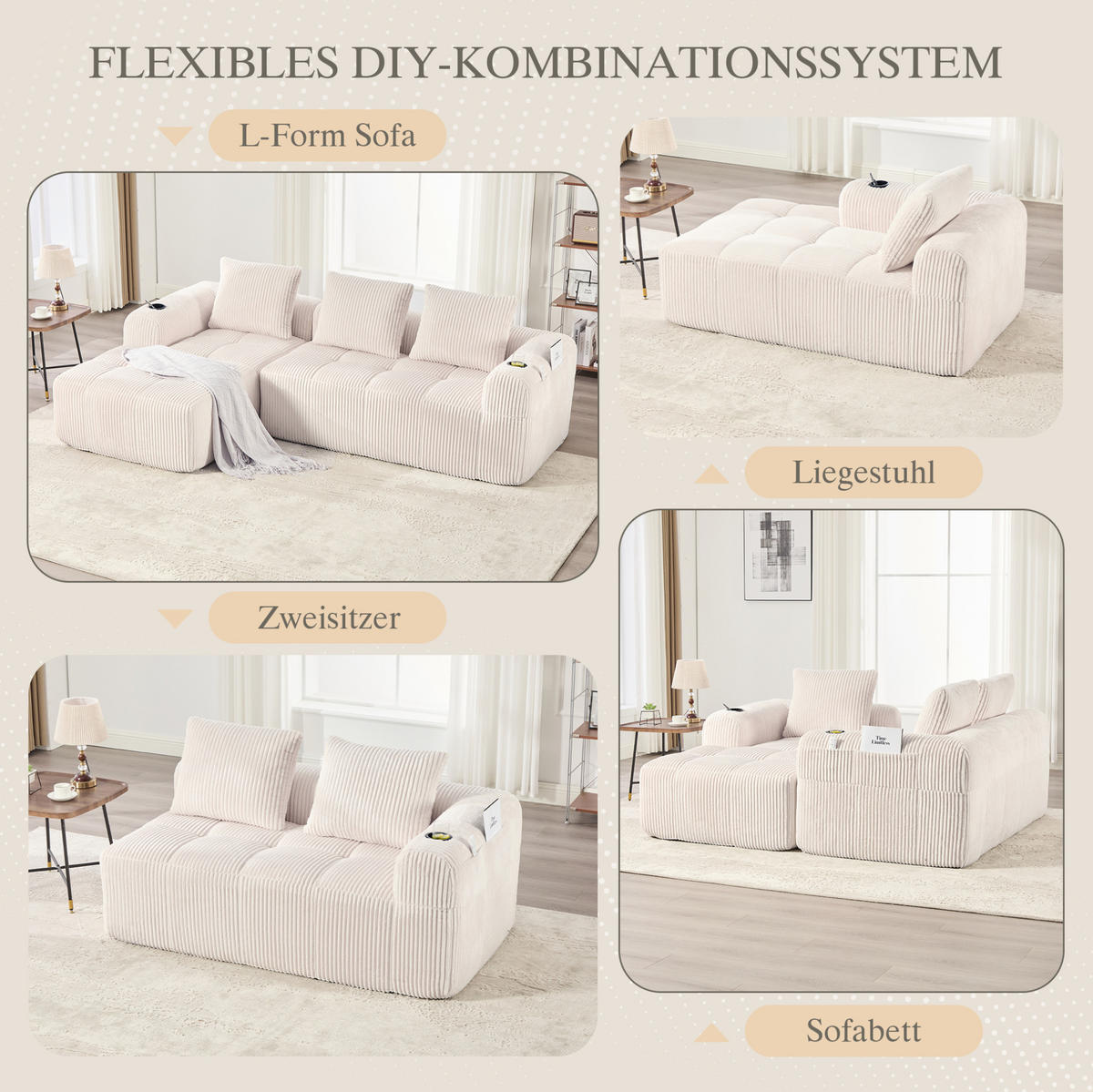 ECKSOFA aus Cord 253x158x61 cm in Beige mit Seitenfächern & Becherhaltern - Beige, Textil (158/253cm) - Modfu