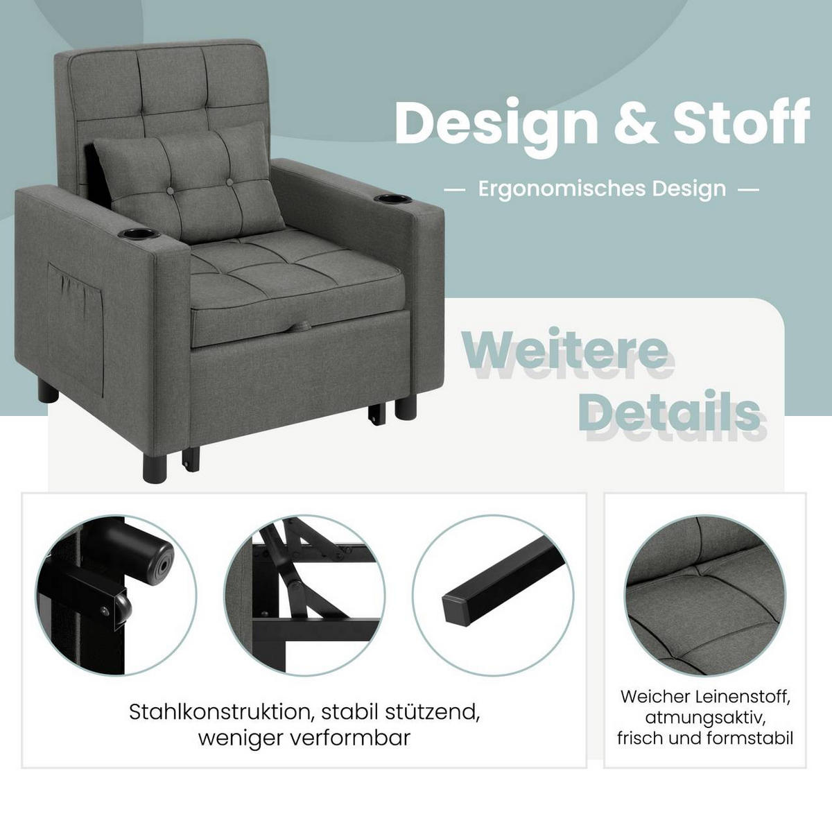 SCHLAFSESSEL 3 in 1,mit Liegefunktion, Leinenbezug, Dunkelgrau - Dunkelgrau/Schwarz, Kunststoff/Textil (87/99.5/79.5cm) - Woltu