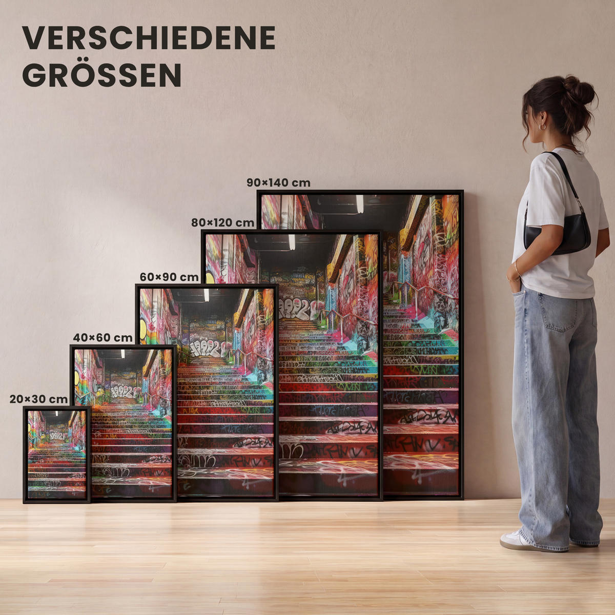 LEINWAND Bilder mit Rahmen - Treppe - Graffiti - Farben - Kunst - 20x30 - Multicolor, Textil (20/30cm) - MuchoWow