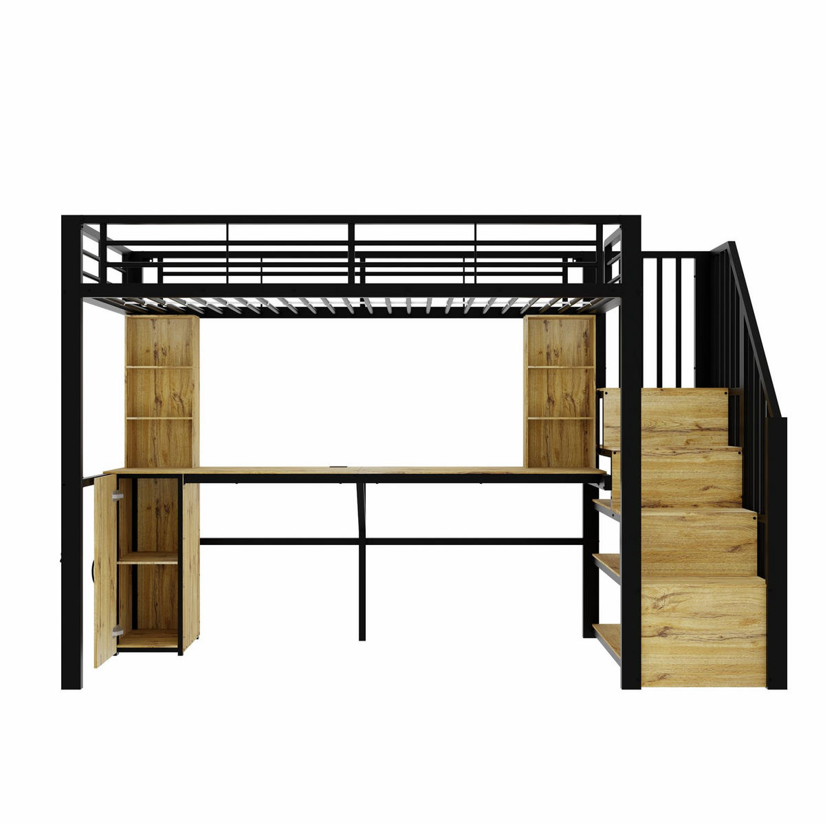 HOCHBETT 90x200 cm in Schwarz mit Schreibtisch, Stauraumtreppe und USB-Anschluss - Schwarz, Metall (90/200cm) - IVMEU