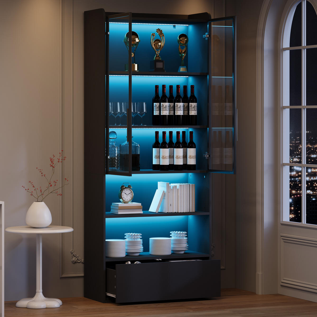 VITRINE 80x34x180 cm Schwarz mit LED und Schublade - Schwarz, Holzwerkstoff (80/180/34cm) - FLIEKS
