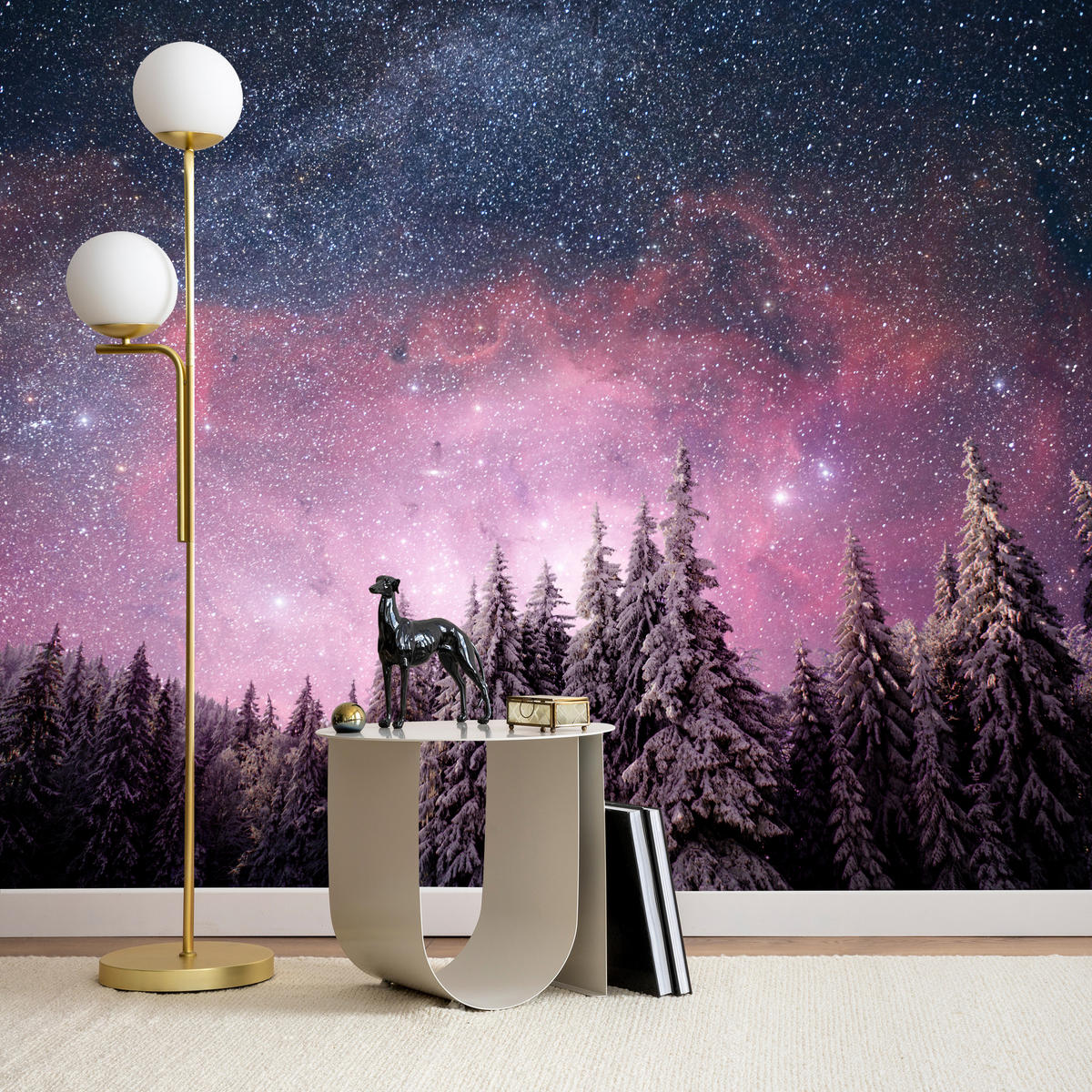 FOTOTAPETE für Schlafzimmer Verzauberter Tannenwald Winter Aurora 500x350 - Violett/Schwarz, Papier (500/350cm) - Muralo