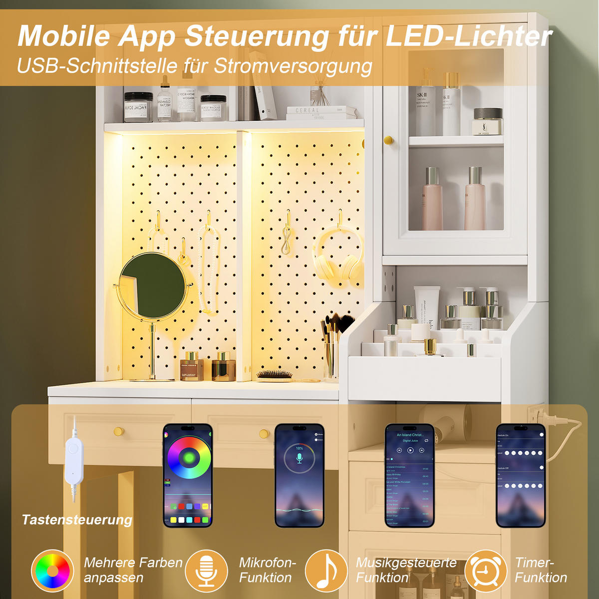 SCHMINKTISCH in Weiß mit LED-Beleuchtung und Glasvitrine für Schlafzimmer, B100/T45/H156 cm - Goldfarben/Weiß, Holzwerkstoff/Metall (100/156/45cm) - STILVORA