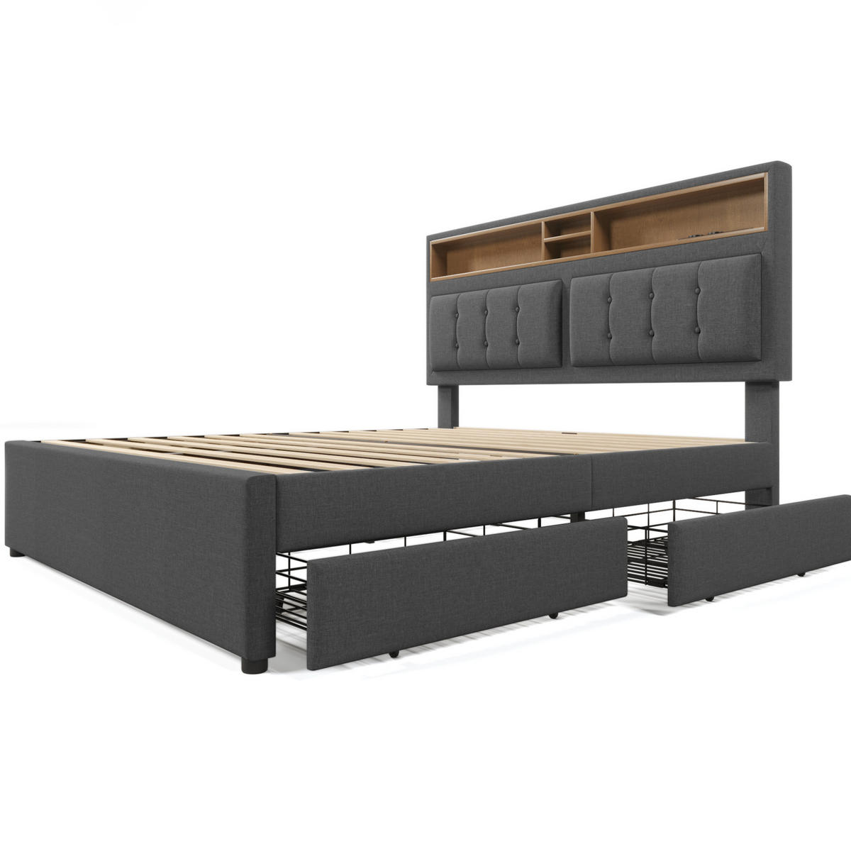 POLSTERBETT aus Leinen 140x200 cm Grau mit Matratze, 4 Schubladen, verstellbarem Kopfteil und USB-C - Grau, Textil (140/200cm) - IVMEU
