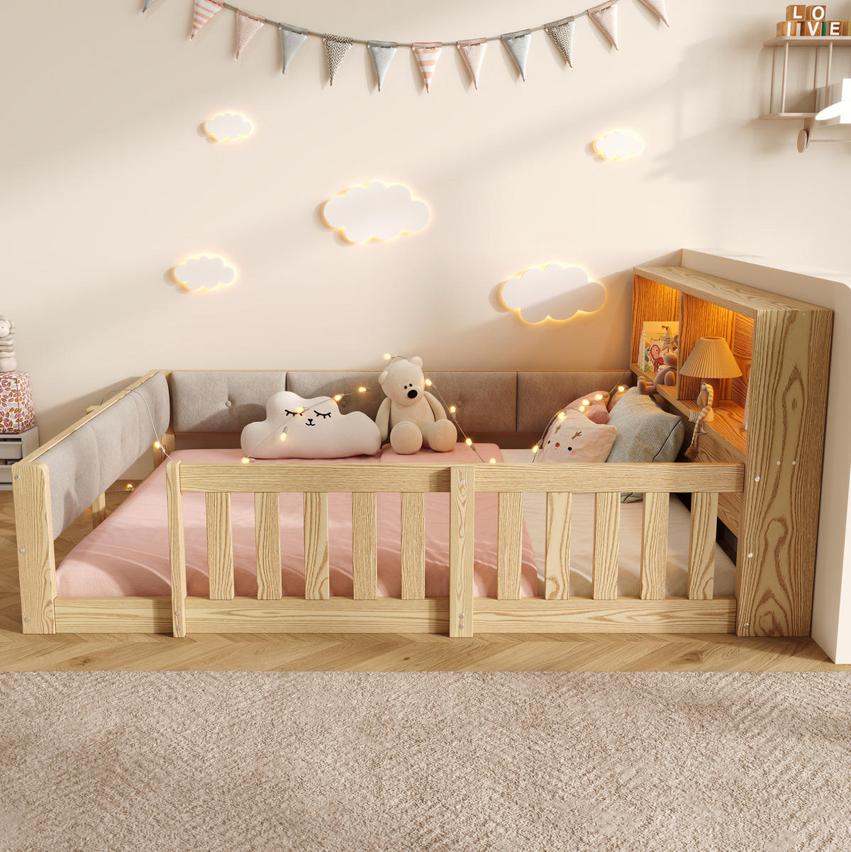 KINDERBETT aus Spanplatte & Plüsch 140x200 cm Natur mit Gitter, LED und Stauraum - Naturfarben, Holzwerkstoff (140/200cm) - Modfu