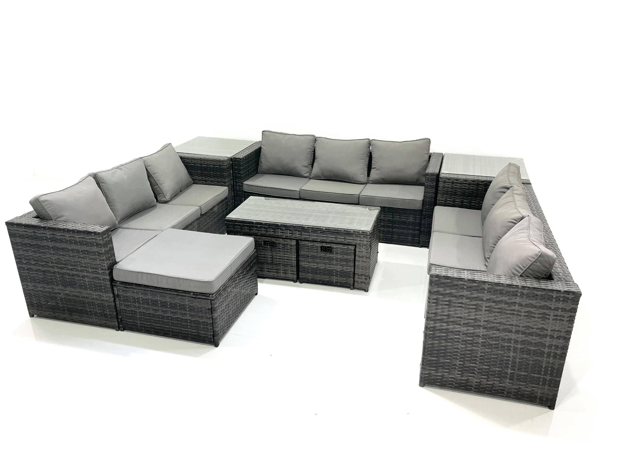 GARTENMÖBEL COUCHTISCH SET mit Sofa Polyrattan Outdoor 12-Sitzer - Dunkelgrau/Grau, Glas/Kunststoff - Fimous