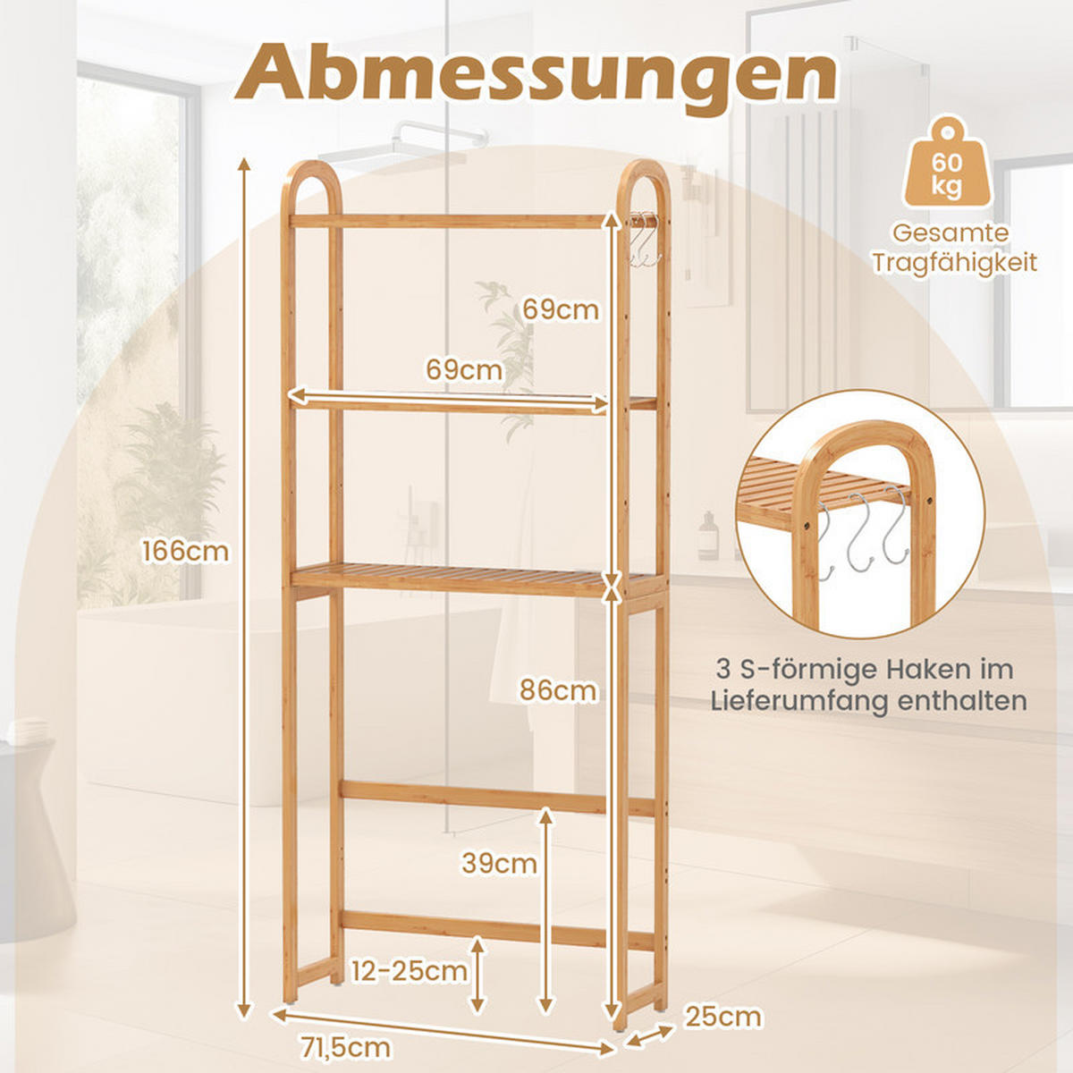 TOILETTENREGAL aus Bambus natürlich - Naturfarben, Naturmaterialen (71.5/166/25cm) - COSTWAY