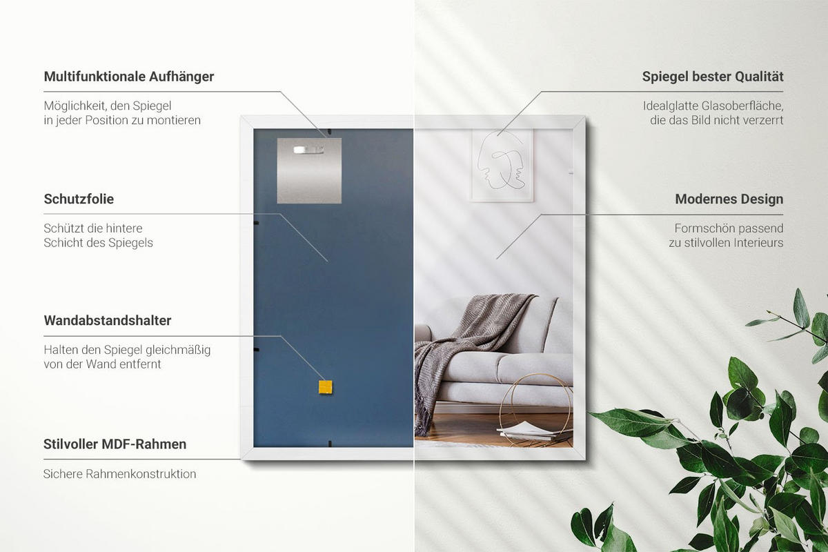 SPIEGEL 50x50cm Weißer Rahmen - Transparent, Glas (50/50/0.4cm) - Wallfluent