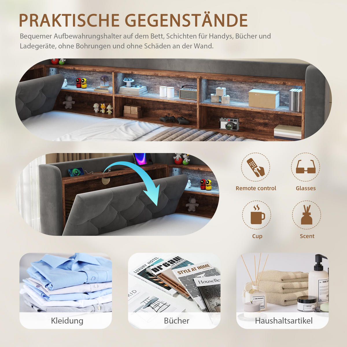 TAGESBETT Ausziehbar 90/180x190cm, Samt, LED/USB/Stauraum, Dunkelgrau - Dunkelgrau, Holz/Textil - LVHOM
