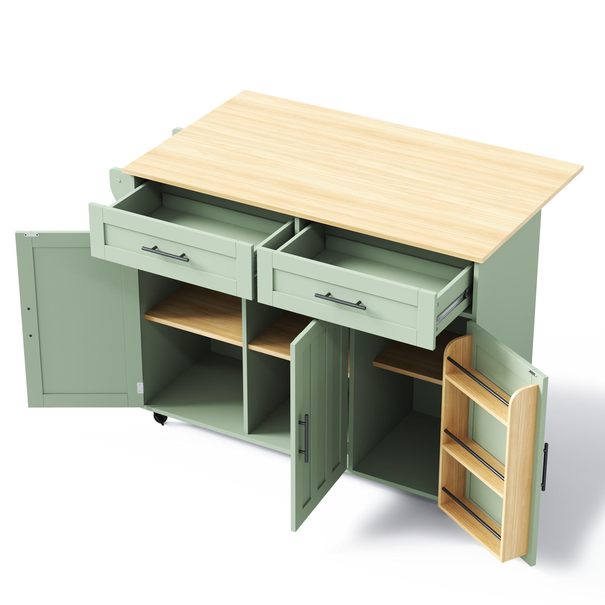KÜCHENINSEL 129/71/91,5 cm Antikgrün mit 2 Schubladen, Klappbarer Arbeitsplatte, 5 Universalrädern und Massivholzfüßen - Salbeigrün, Holz/Holzwerkstoff (46/91.5/120cm) - Oxeza