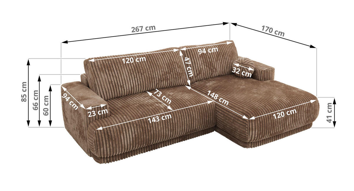 ECKSCHLAFSOFA RINA L Braun Cord - links - Schwarz/Braun, Kunststoff/Textil (267/170cm) - MKS