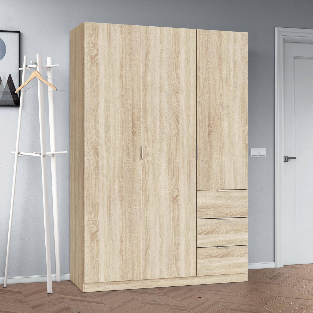 KLEIDERSCHRANK 3 TÜREN Eiche 52/135/200 cm - Braun, Holzwerkstoff (135/200/52cm) - DMORA