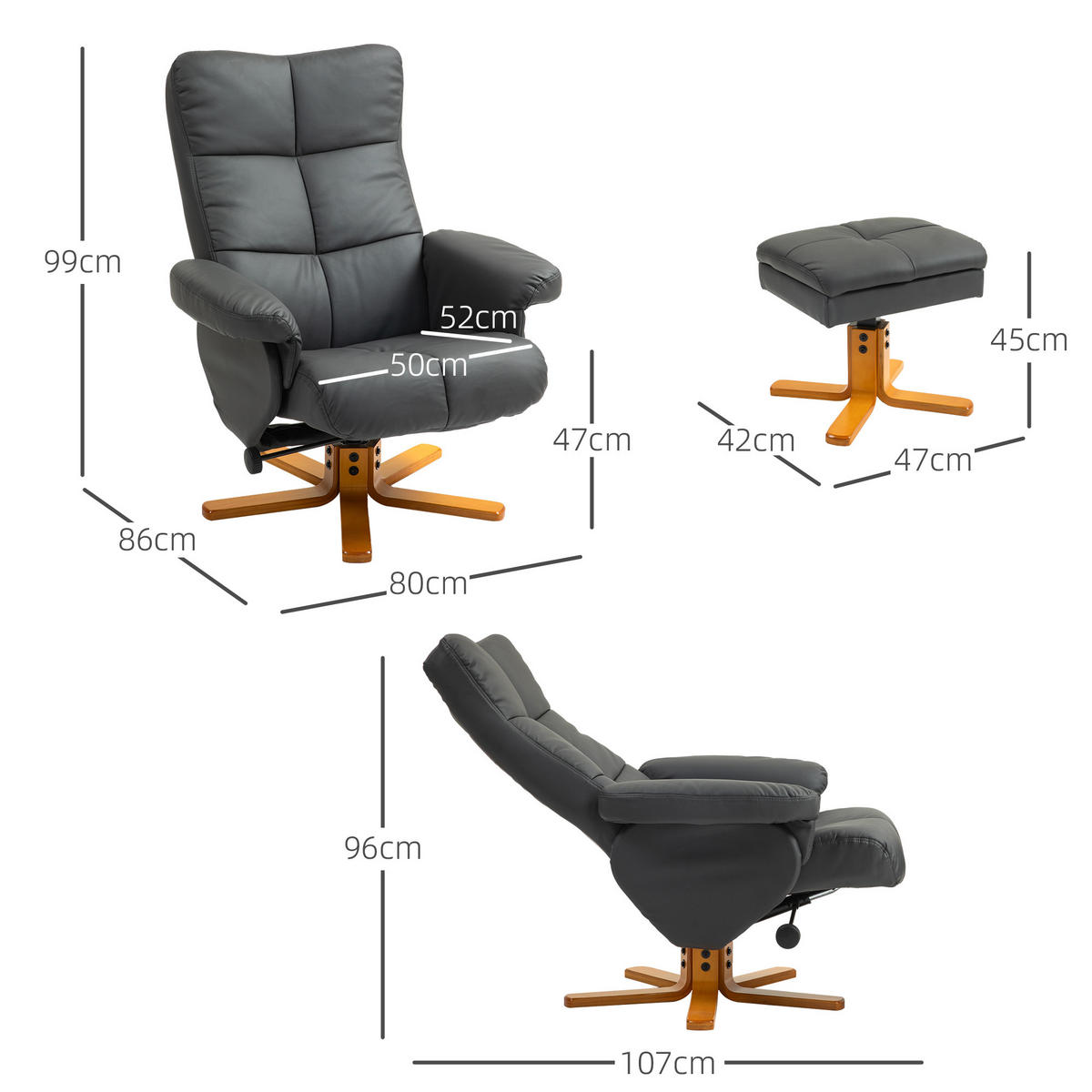 RELAXSESSEL mit Hocker, Stauraum, Fernsehsessel mit Liegefunktion, Dunkelgrau - Dunkelgrau/Braun, Holz (86/99/80cm) - HOMCOM