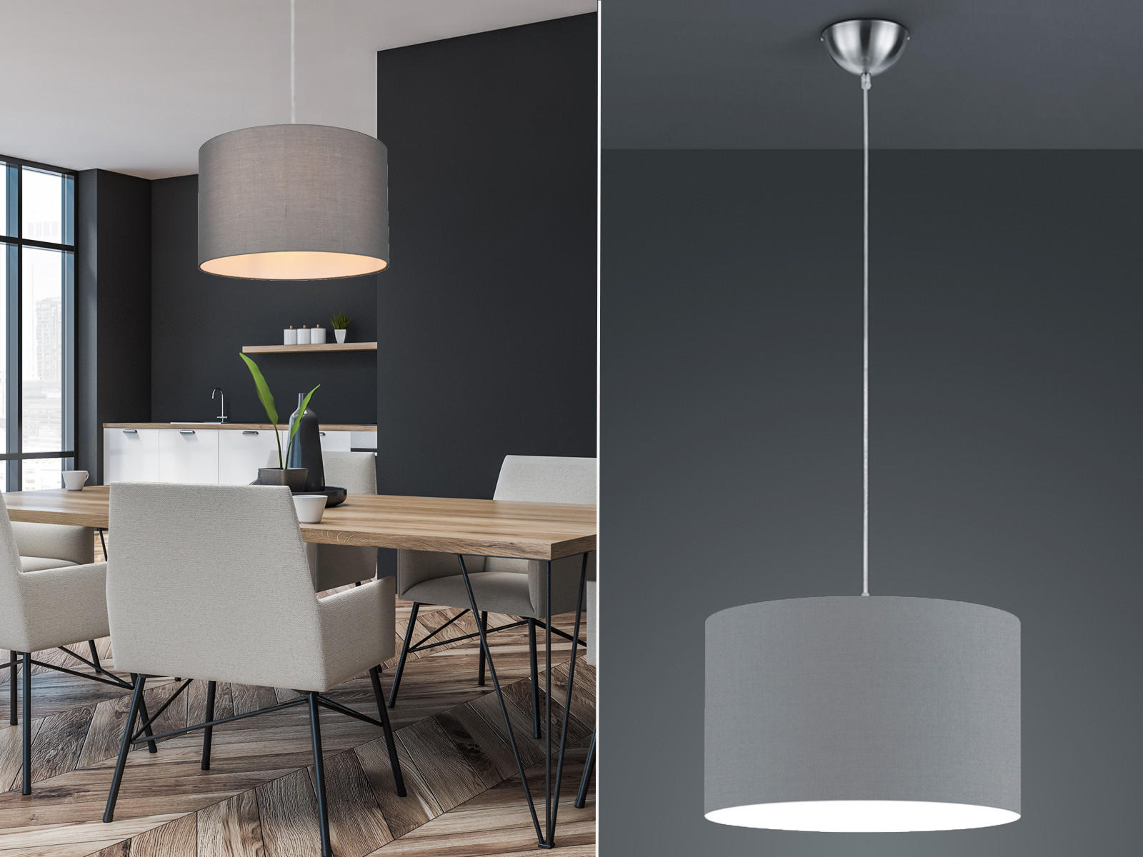 LED-PENDELLEUCHTE Ø40cm, Stoff Lampenschirm Grau - Grau, Textil (40/40/150cm) - meineWunschleuchte