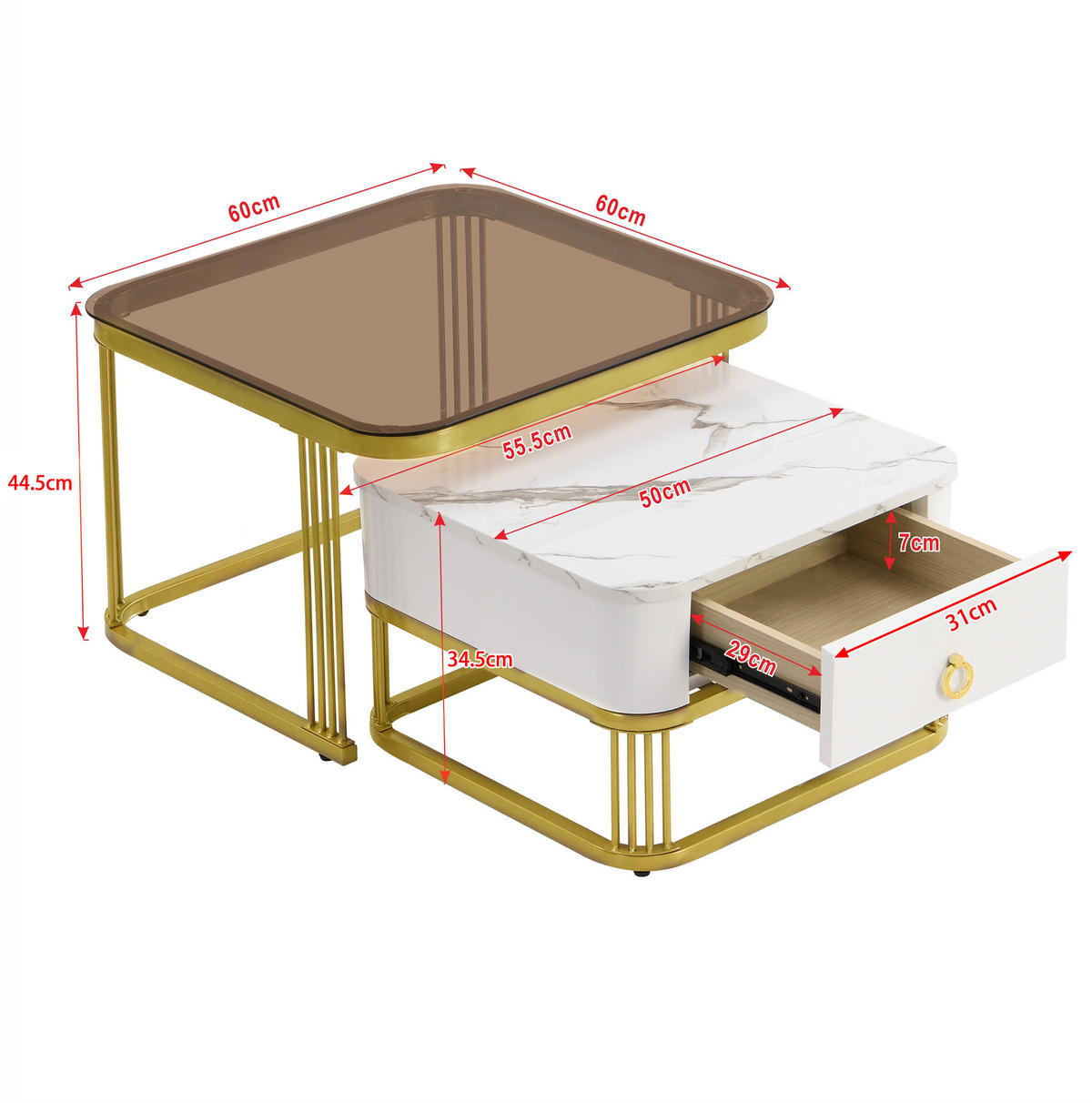 COUCHTISCH 60/60/44.5+50/50/34.5 cm in Weiß/Gold aus MDF mit Schublade - Weiß, Holzwerkstoff (60/60/45cm) - OKMYHOME