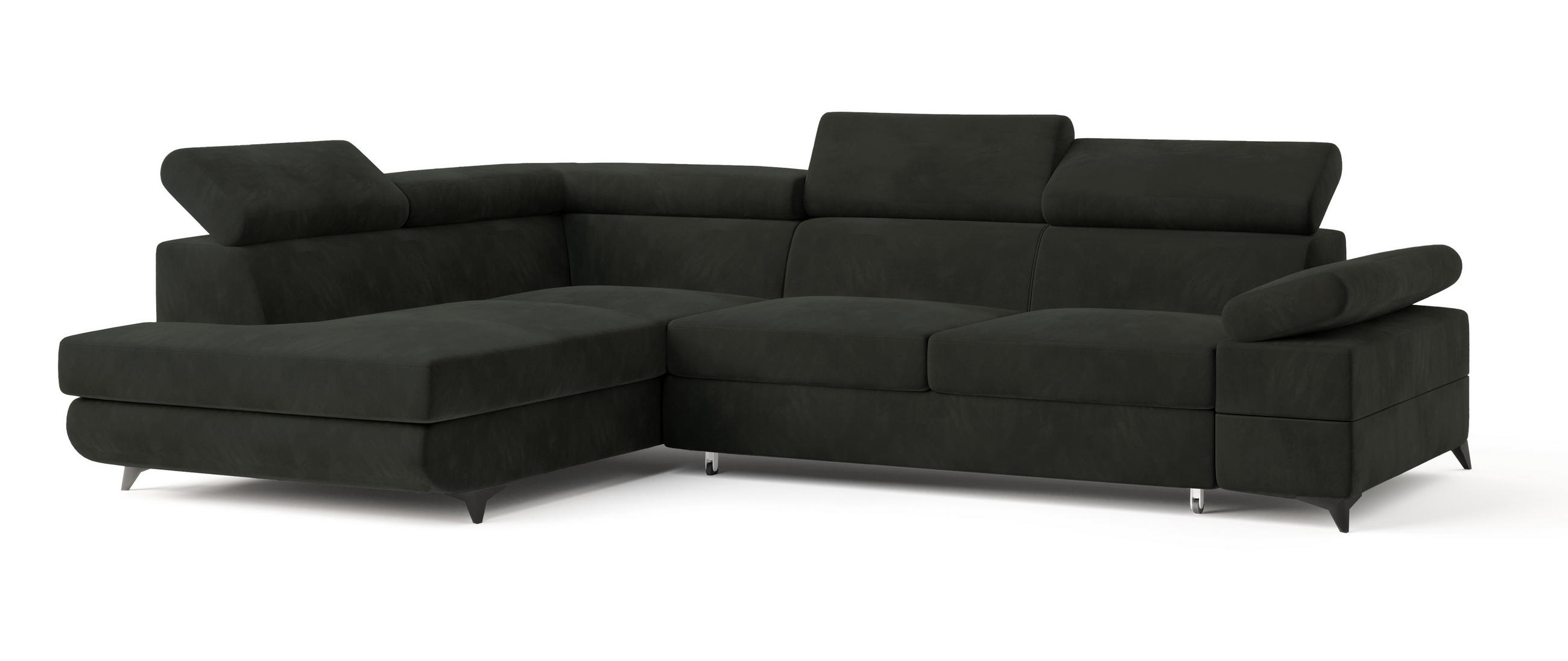 ECKSOFA FAVIEN L-S Schwarz Velours-Stoff mit Schlaffunktion - Schwarz, Holz (257/190cm) - MASSENO