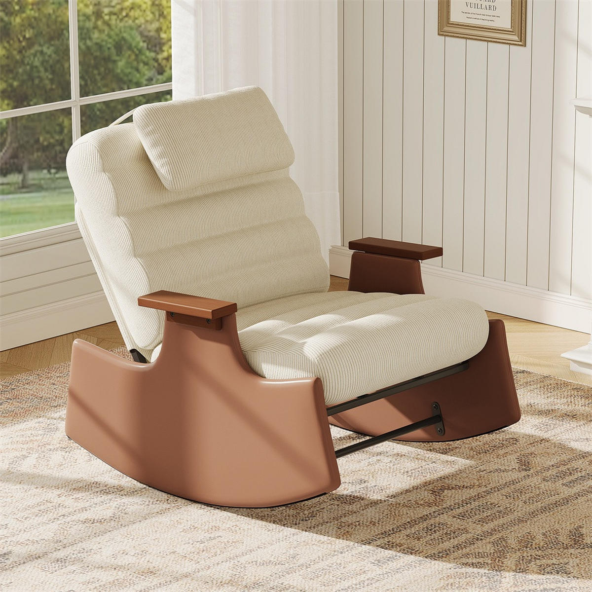 SCHAUKELSTUHL mit Hocker und Kopfkissen - mit 3-stufig verstellbare Rückenlehne und Cord-Bezug - Beige-Braun - Beige, Textil (61.5/81/51.5cm) - DELFA
