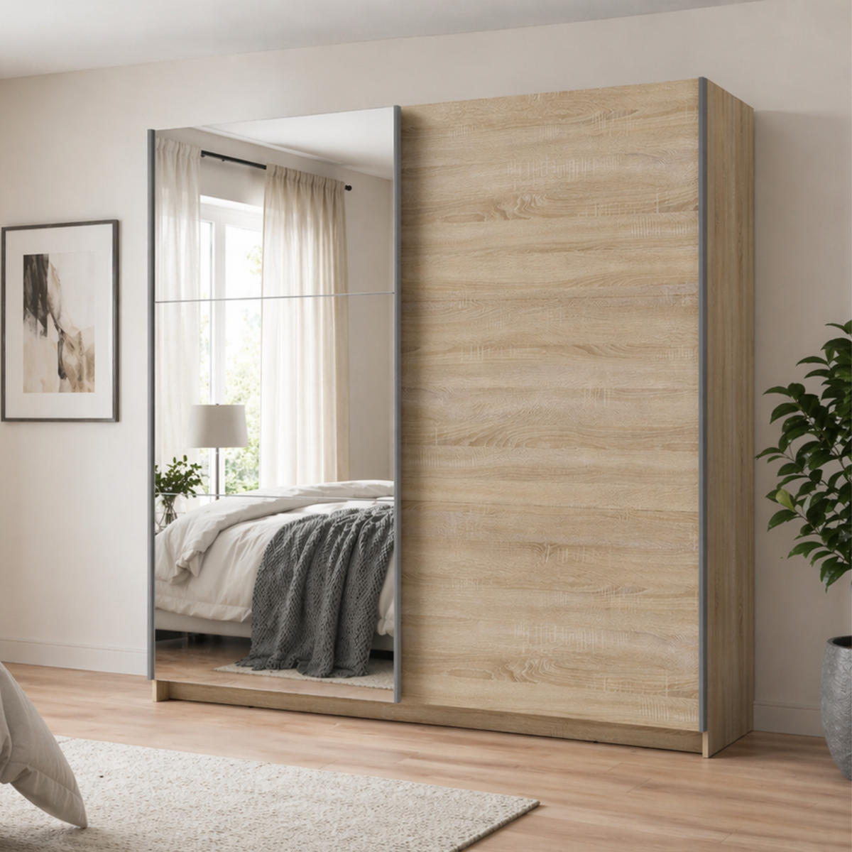 SCHWEBETÜRENSCHRANK 2-Türen mit Spiegel in Sonoma - Sonoma Eiche, Holzwerkstoff (60/207/200.6cm) - Home Collective