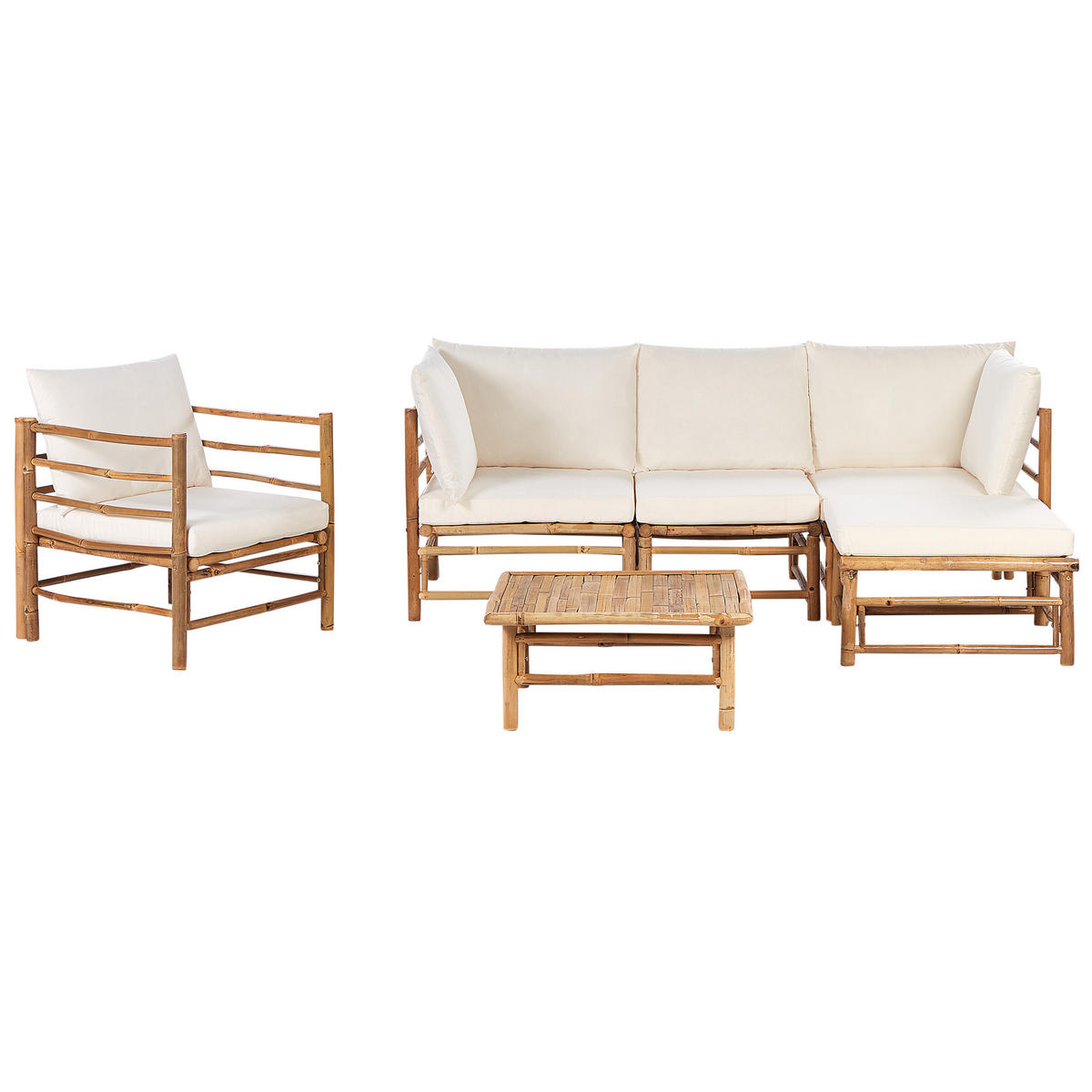 LOUNGE SET 5-Sitzer Bambusholz hellbraun 4-teilig Auflagen cremeweiß Cerreto - Creme, Holz - Beliani