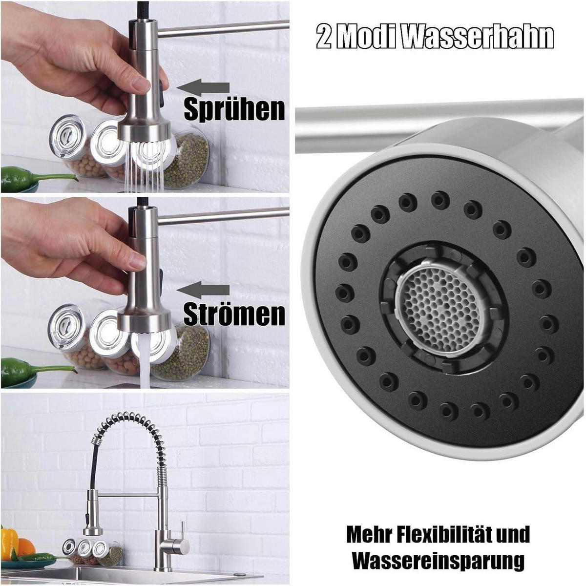 KÜCHENARMATUR mit Brause ausziehbar Edelstahl gebürstet 2 Modi 360° drehbar - Silberfarben, Metall (20/4/30cm)