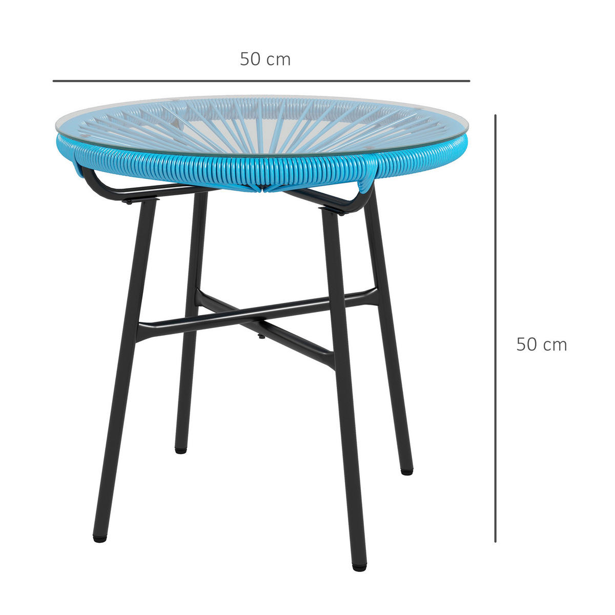 GARTENBEISTELLTISCH DE-13583 rund mit Glasplatte, PE-Rattan Natur - Blau, Metall (50/50/50cm) - ComfortXL