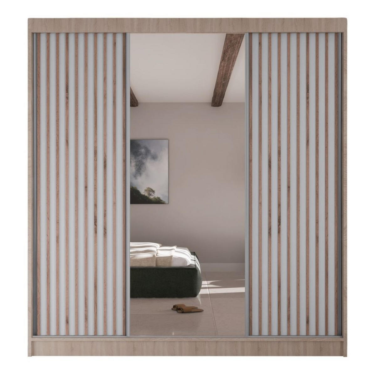 SCHWEBETÜRENSCHRANK Lami mit Spiegel und Lamellen, 215x200x61cm, eiche Sonoma+ Weiß - Weiß/Sonoma Eiche, Holzwerkstoff (200/215/61cm) - AN-Moebel 4u