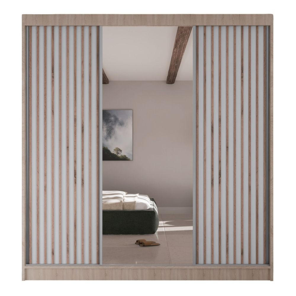 Thumbnail - AN-Moebel 4u Schwebetürenschrank, Sonoma Eiche, Weiß, Holzwerkstoff, 4 Schubladen, 200x215x61 cm, Schlafzimmer, Kleiders...