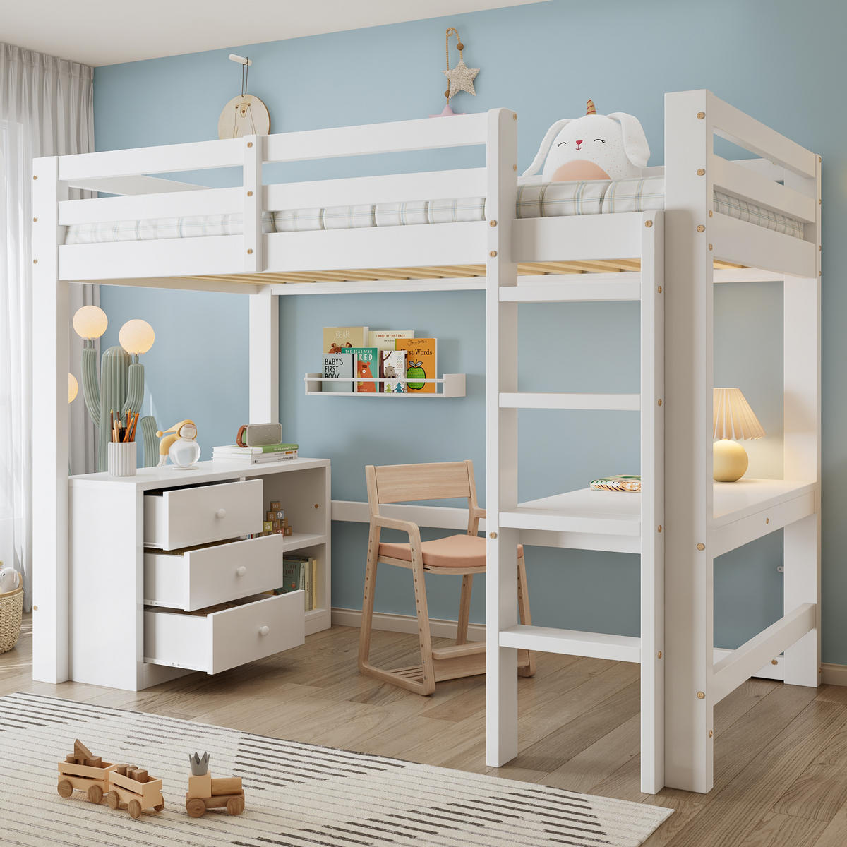 HOCHBETT mit Schreibtisch 90x200 cm Weiß mit Schrank und Regal - Weiß, Holz (90/200cm) - Meubliv