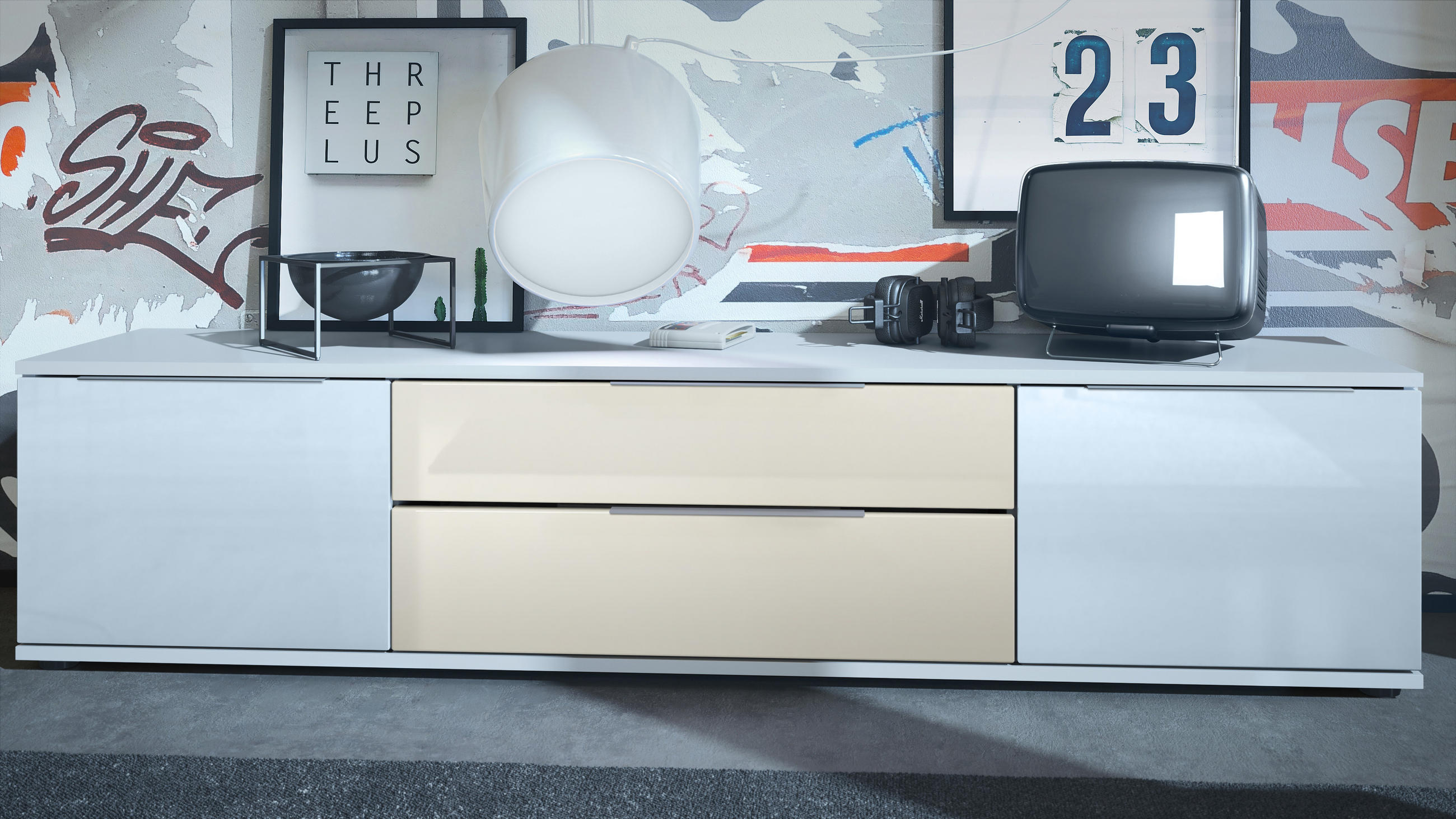 LOWBOARD Linio Creme Hochglanz - Weiß Hochglanz/Creme, Holzwerkstoff (166.5/37.5/35cm) - Vladon