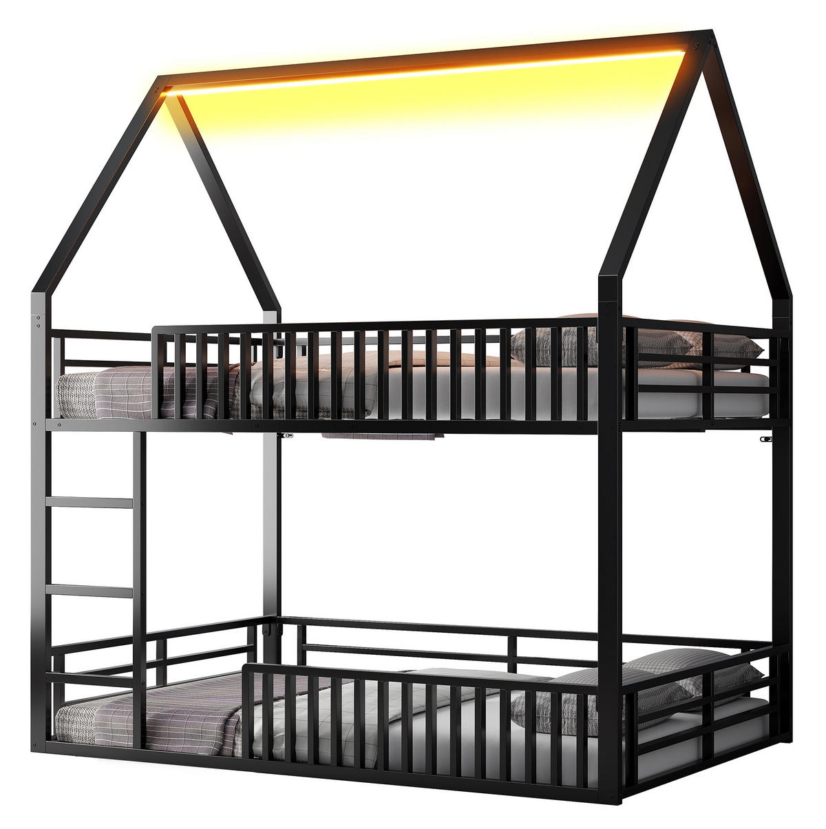 ETAGENBETT 140/200 cm mit Zaun, LED-Beleuchtung und Hausdach, Metall, Schwarz - Schwarz, Metall (140/200cm) - Redom