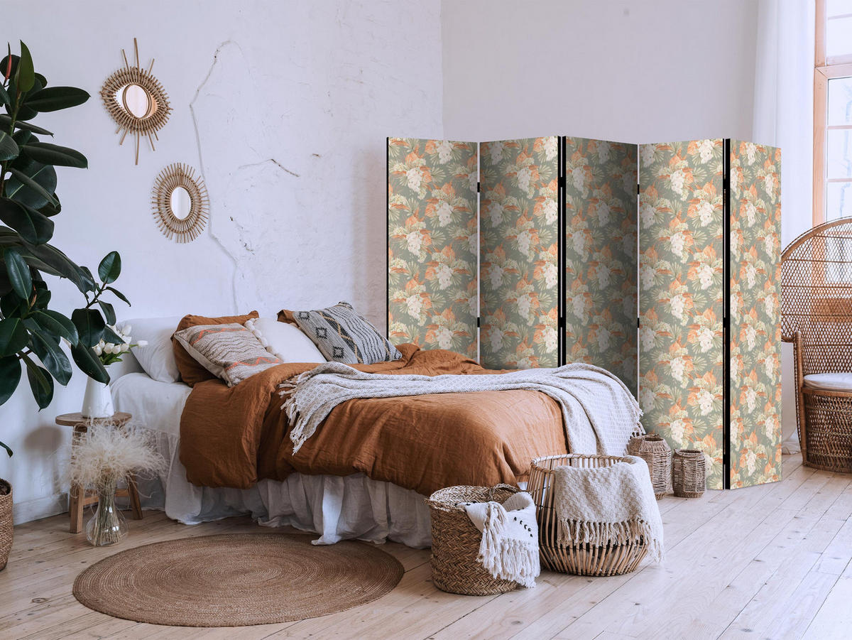 PARAVÁN Obojstranný 5-dielny 225x172 cm Tropické Listy a Orchidey - zelená, drevo/textil (225/172/3cm) - Muralo