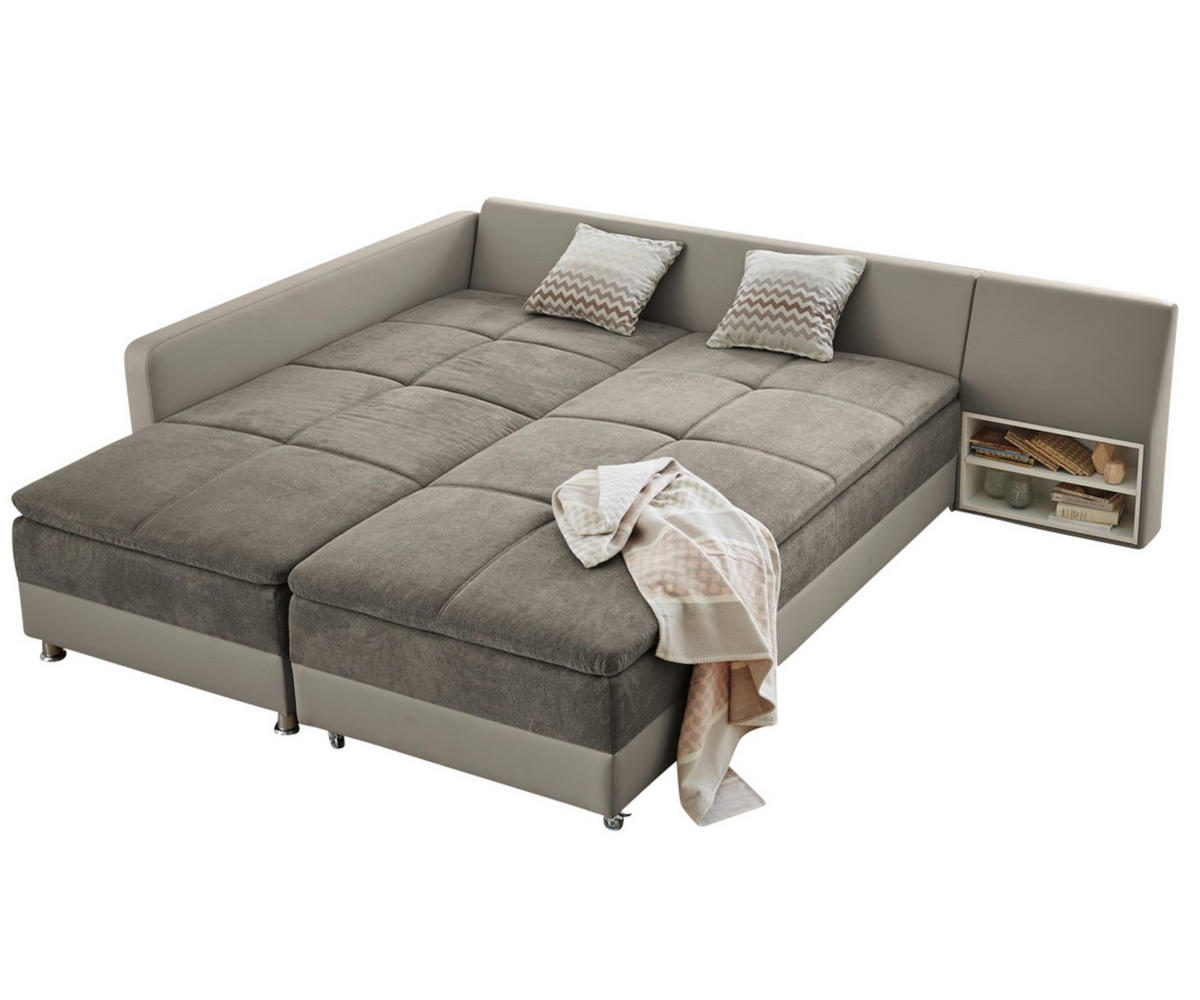 ECKSOFA-DAUERSCHLÄFER Doppelbett 306/223/95 cm Boxspring Federkern Topper, Schwenkteil rechts, Kunstleder Beige+Mikrofaser Grau Braun / 15102 - Chromfarben/Beige, Textil/Metall (306/223cm) - luma-home