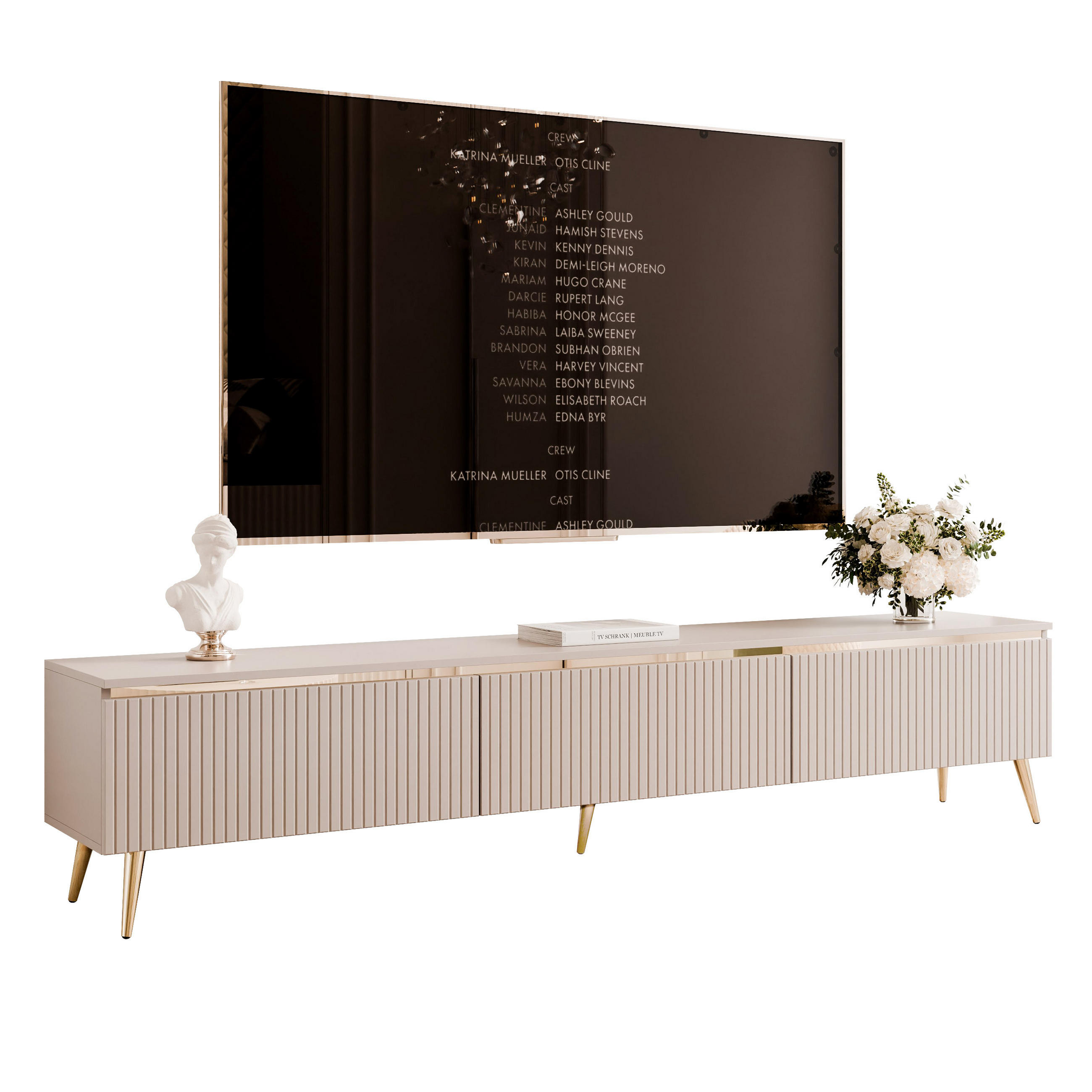 GERIFFELTER TV-Schrank SELIA 200 cm auf Füßen, Kaschmir mit goldener Zierleiste und LED-Beleuchtung - Kaschmir, Holzwerkstoff (200/42/35cm) - Idohome