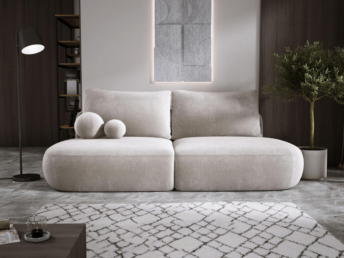 SCHLAFSOFA Moderne BABU mit Schlaffunktion – 3-Sitzer Sofa mit Bettkasten, DL-Automat, 2 Rückenkissen, 2 Zierkissen, 240x90x90 cm, Hellgrau - Greige, Holz/Textil (240/90/90cm) - DomoHome