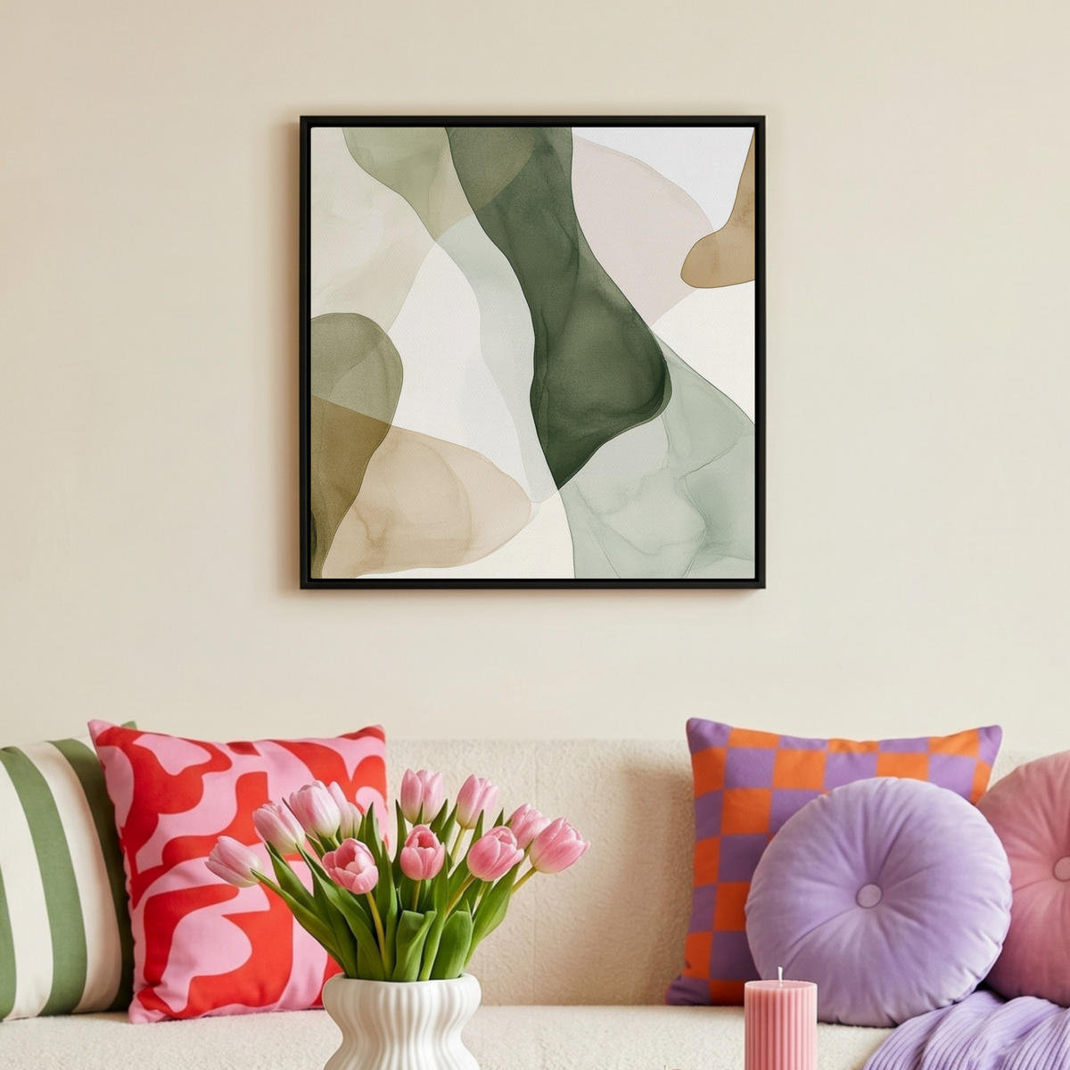 LEINWAND Bilder mit Rahmen - Japandi - Abstrakt - Grün - 50x50 - Salbeigrün, Textil (50/50cm) - MuchoWow