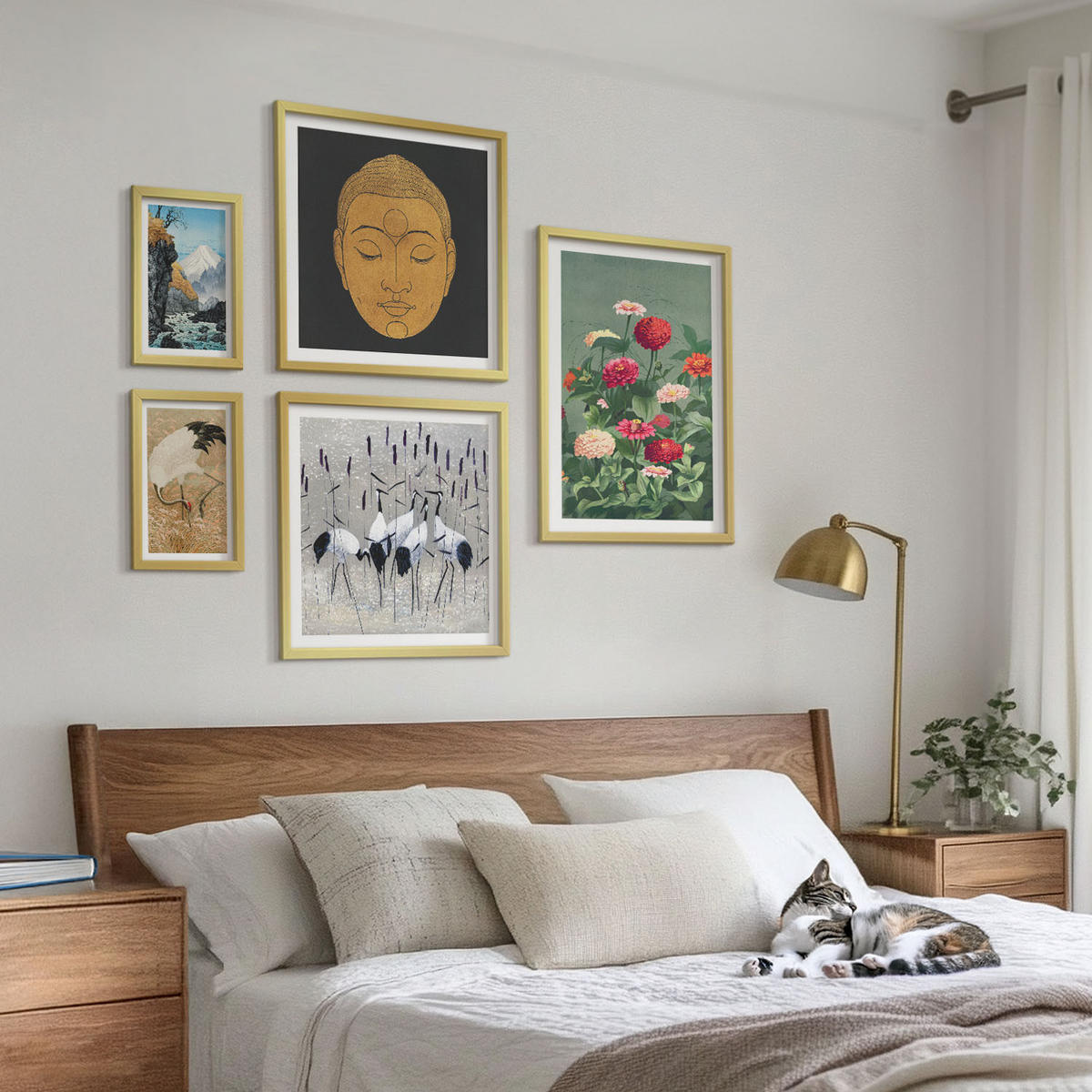 BILDER SET 5er Set - 50x50 cm & 20x30 cm & 40x60 cm Goldrahmen - Abstrakte Berge und Blumen Inspiration - Goldfarben, Kunststoff (40/60cm) - TULUP